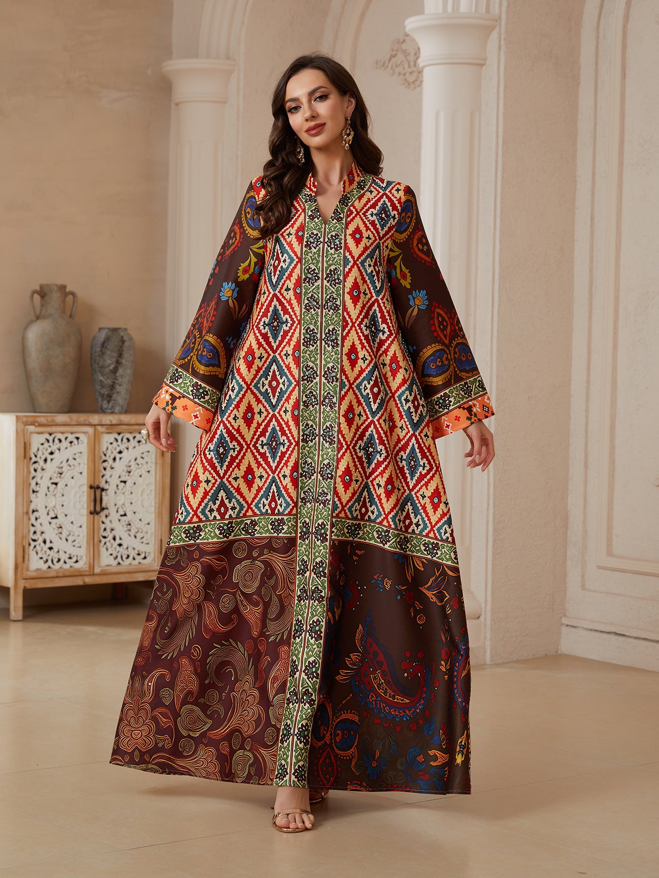 Floral Print Rhinestone Abaya Dress - Modest Muslim Ramadan Eid