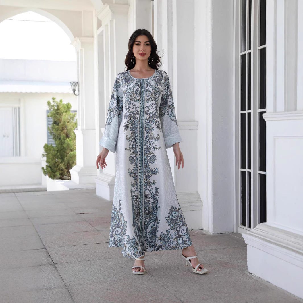 Grey Floral Print Mandarin Collar Rhinestone Plus Size Maxi Abaya