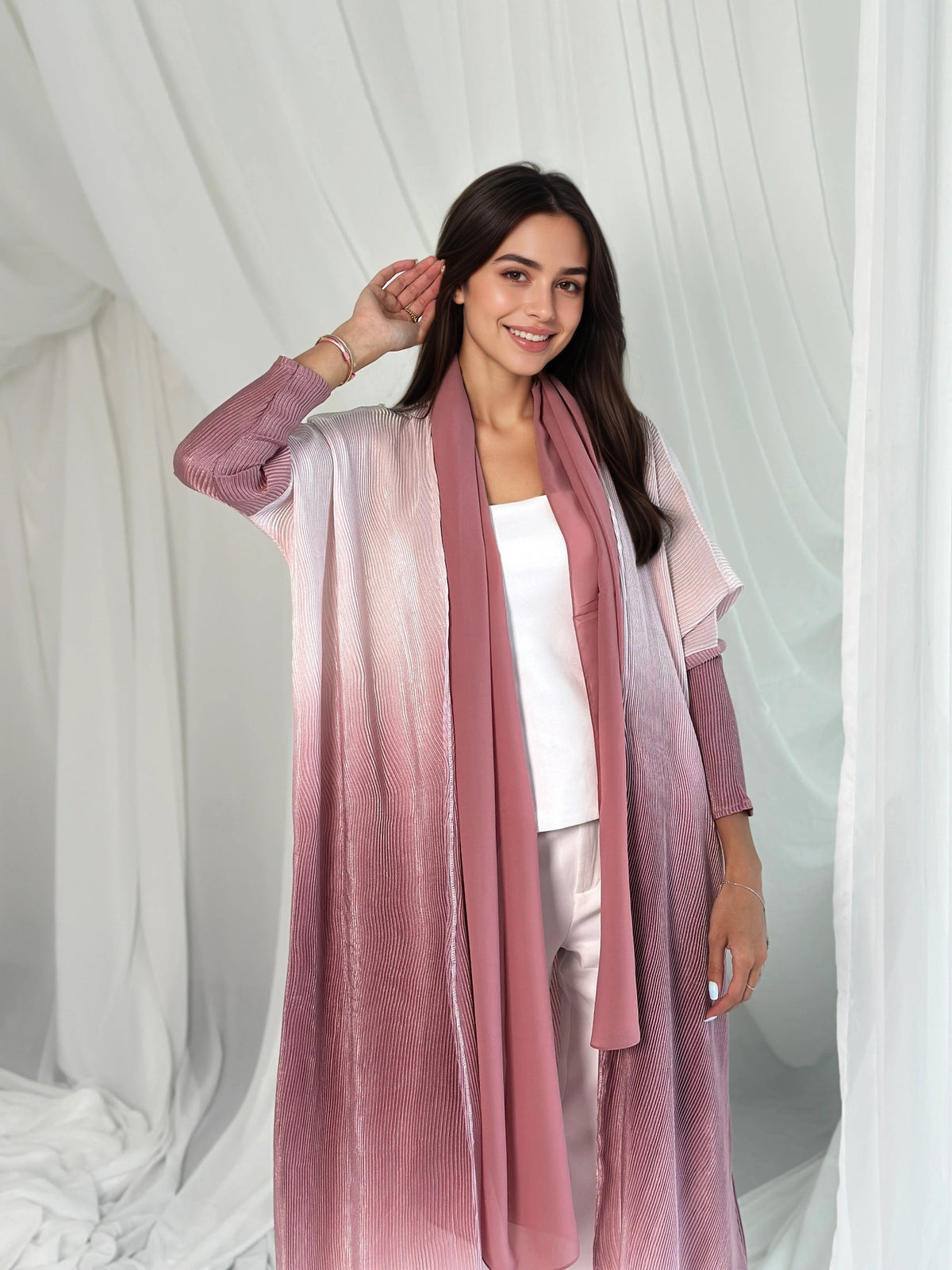Gradient Print Pleated Open Front Abaya Cardigan Modest Long Maxi Dress for Muslim Women Eid Ramadan Casual S-XXL