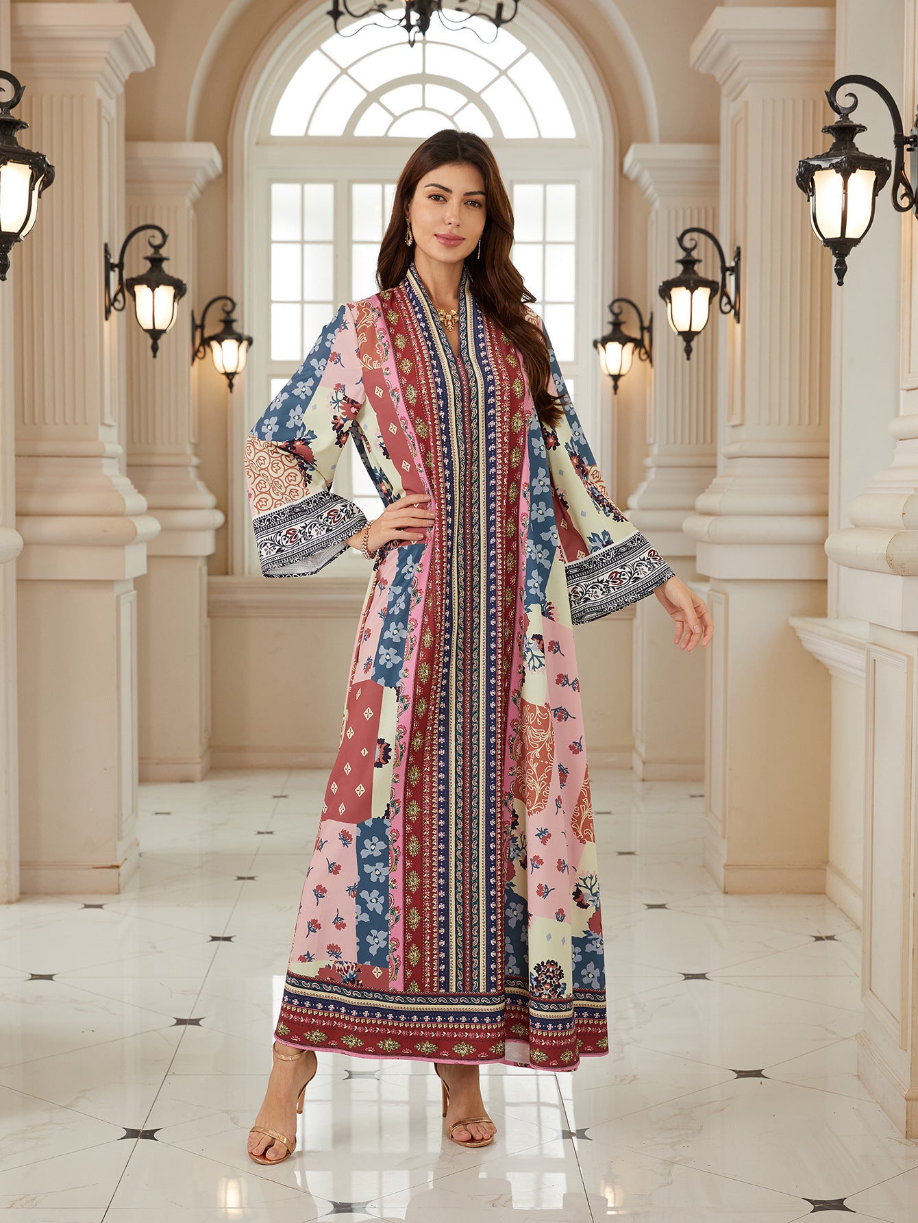 Exquisite Floral V-Neck Abaya – Ethnic Modest Maxi Dress