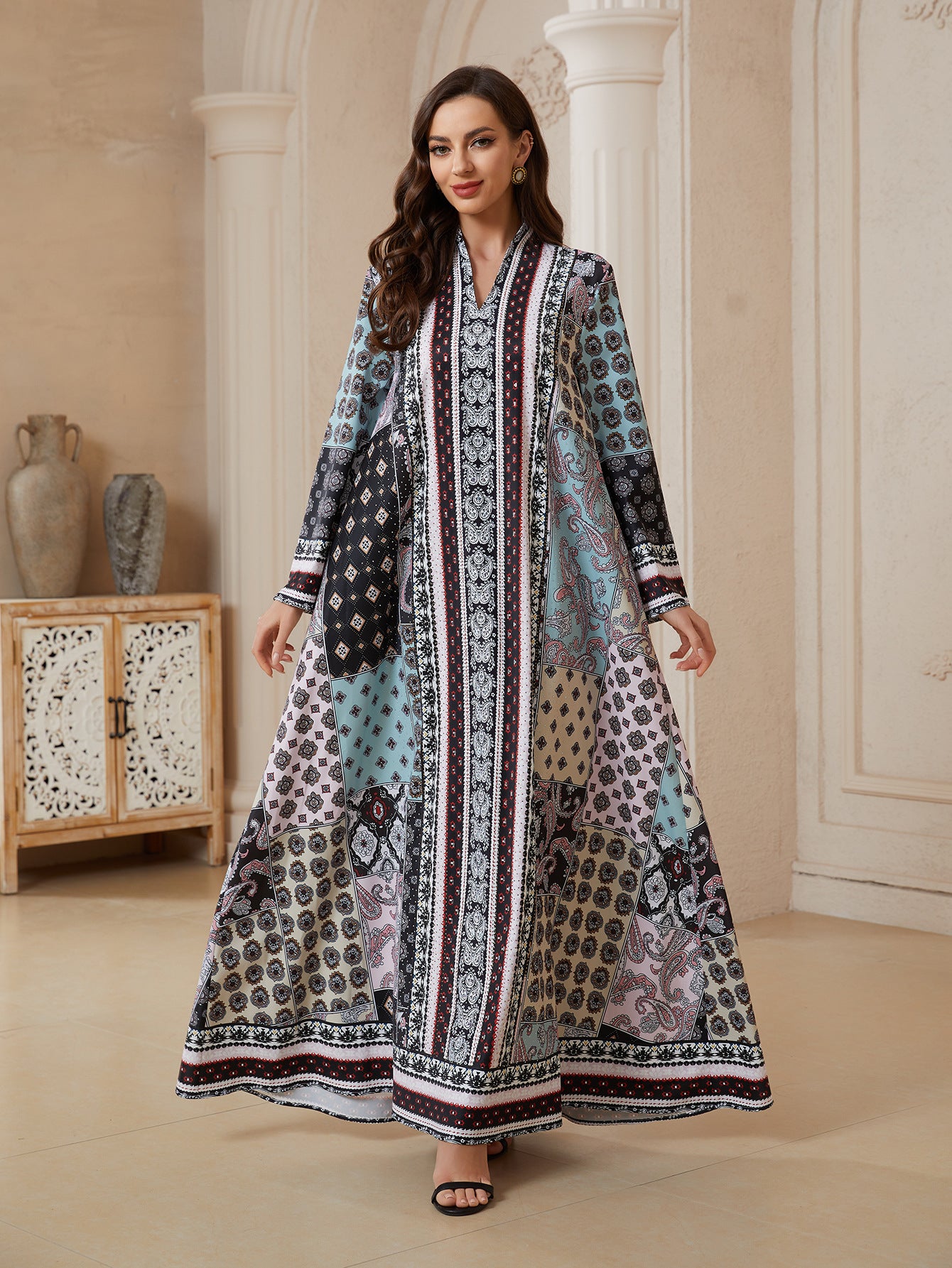 Floral V-Neck Long Sleeve Abaya - Modest Muslim Dress Ramadan Eid