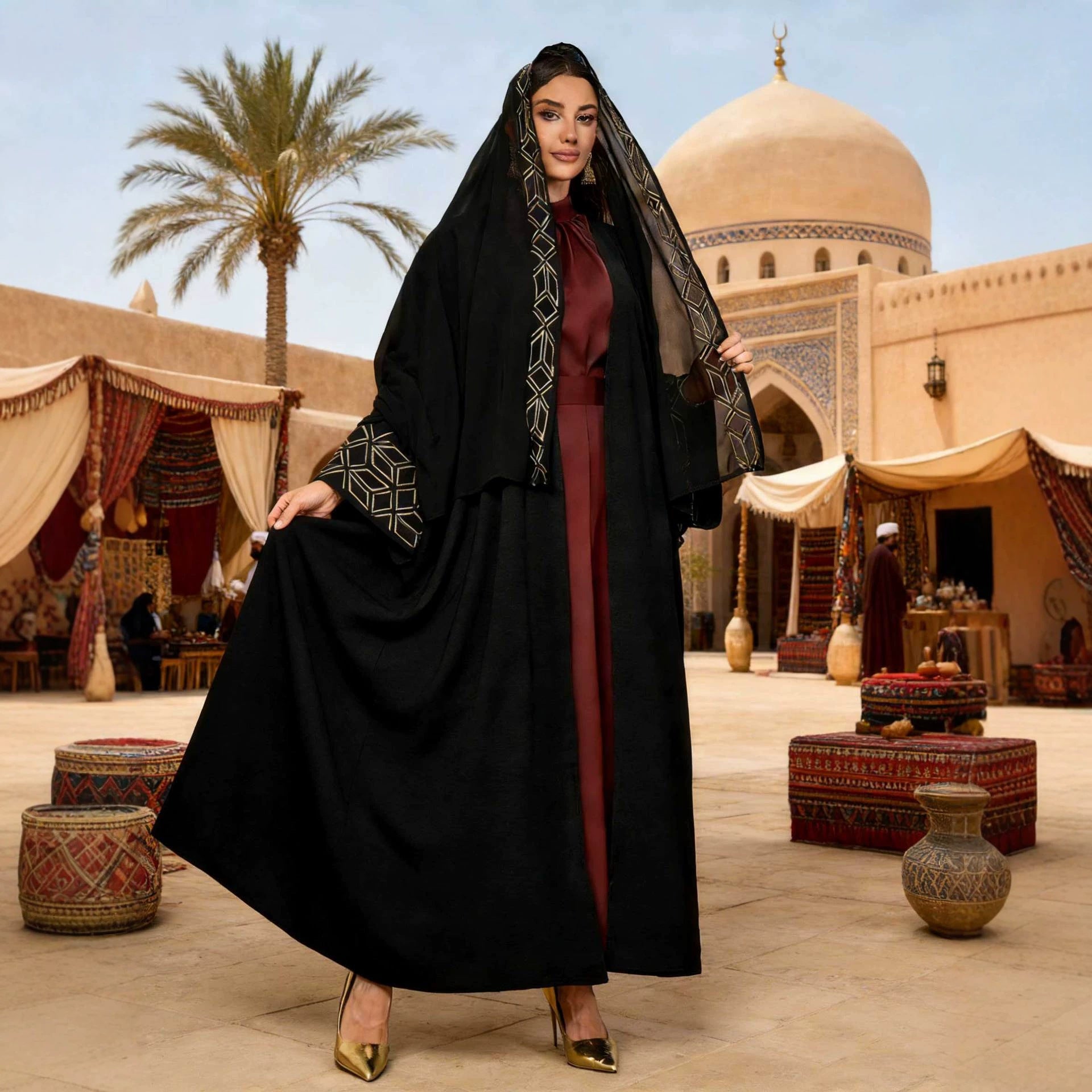 Black Embroidered Open Outerwear Maxi Abaya Dress with Hijab Two-Piece Set - Free Size