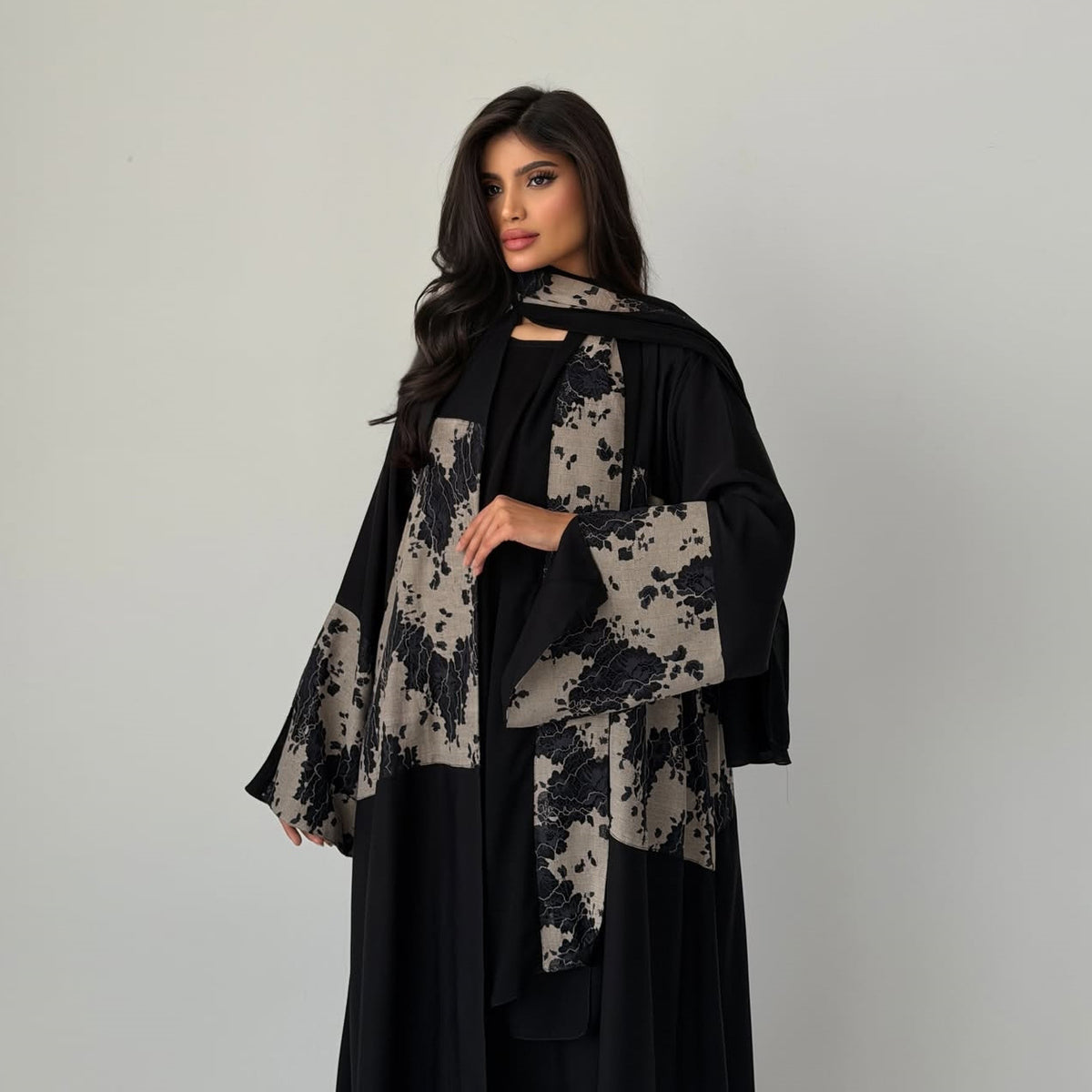 Black Lace Patchwork Open Outerwear Maxi Dress with Hijab Two-Piece Set Jalabiya Modest Long Dress for Eid Ramadan Festive Celebration S-XXL