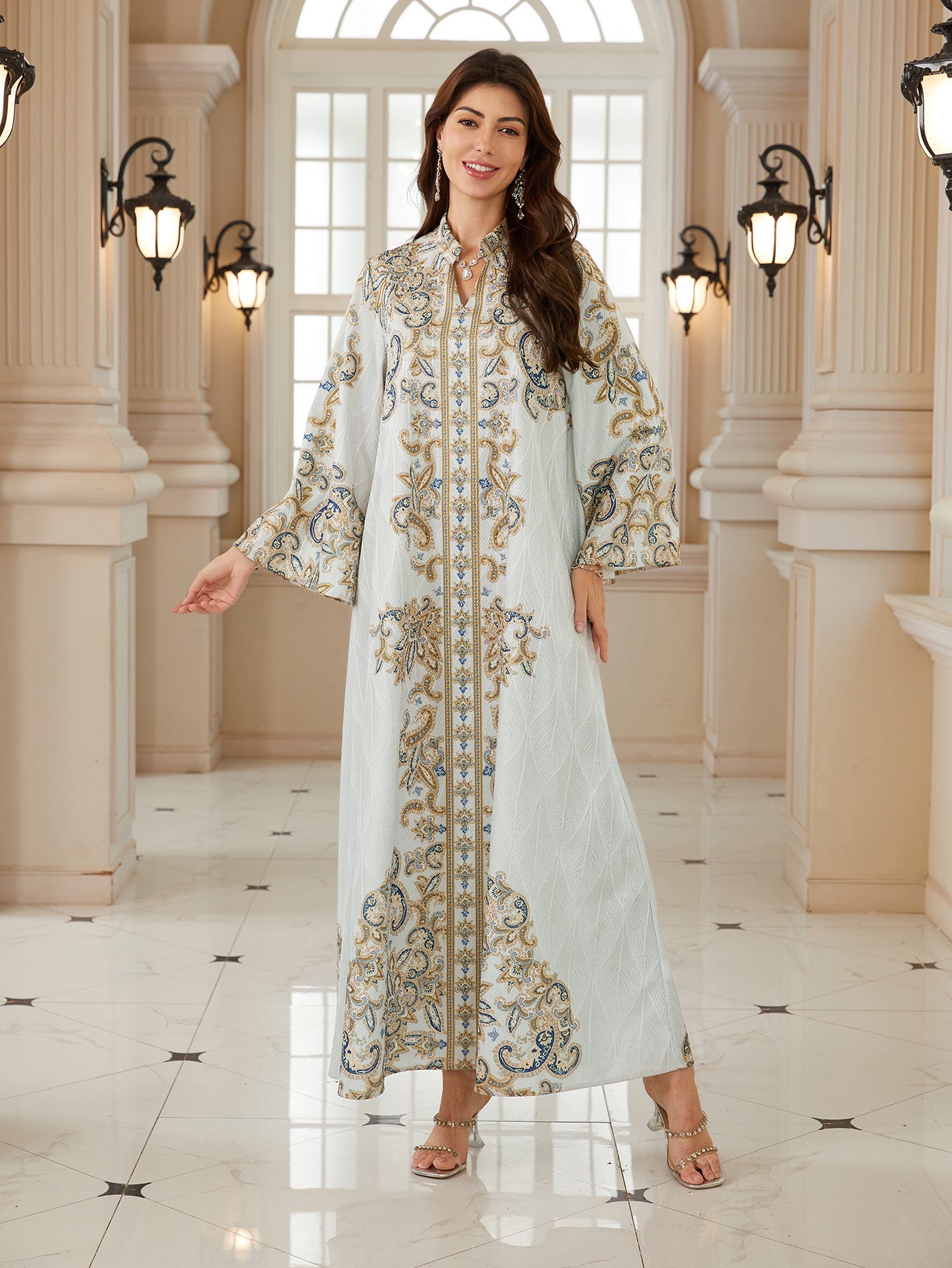 Elegant Paisley Print Stand Collar Abaya Dress Loose Flare Long Sleeve Muslim Women Maxi Kaftan Robe For Party Daily Wear