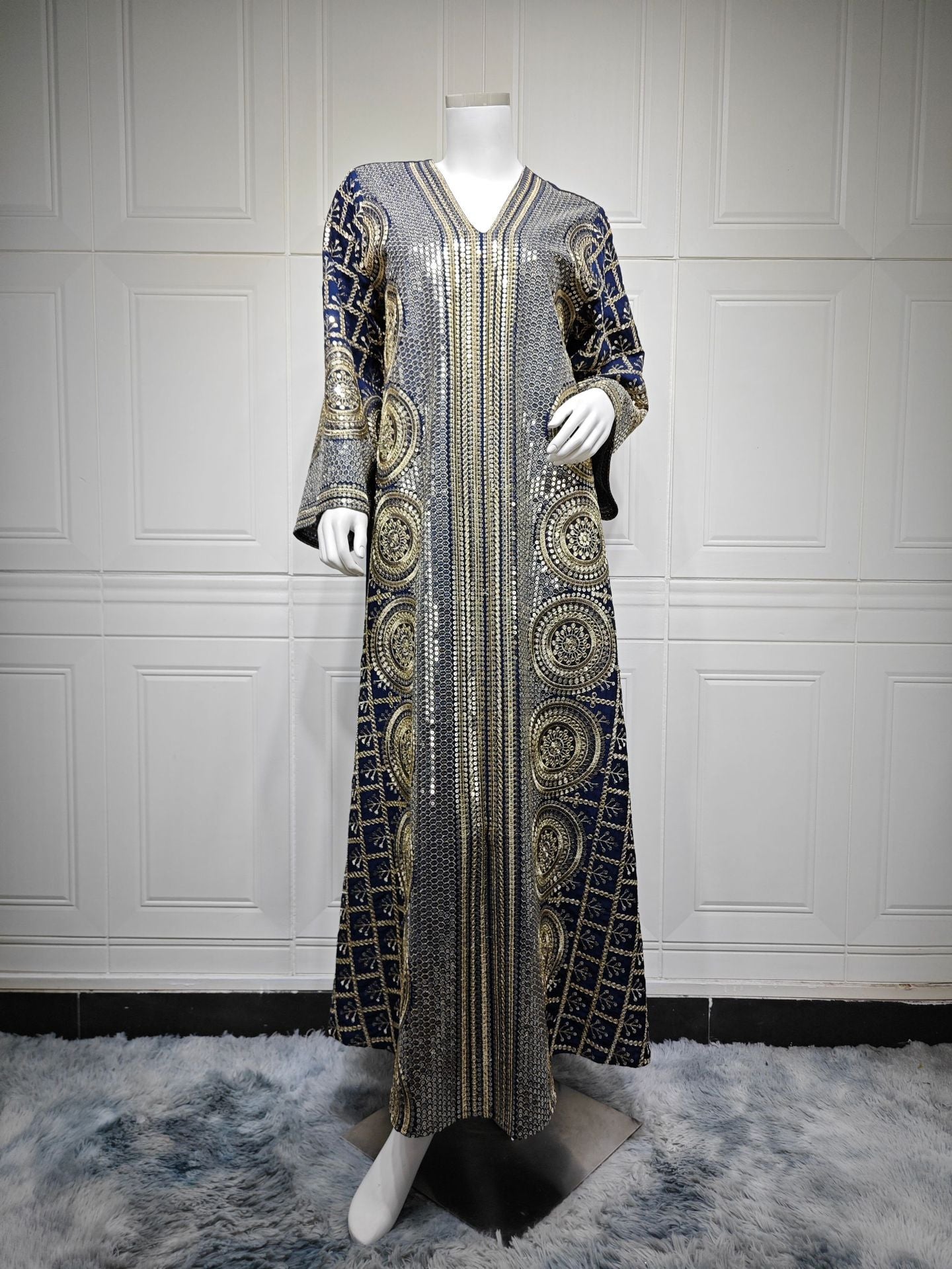 Elegant V Neck Muslim Formal Jalabiya Full Width Circular Sequin Embroidery Relaxed Wide Flare Sleeve Long Glitter Gown 3 Shades All Occasion Eid Holiday Wear