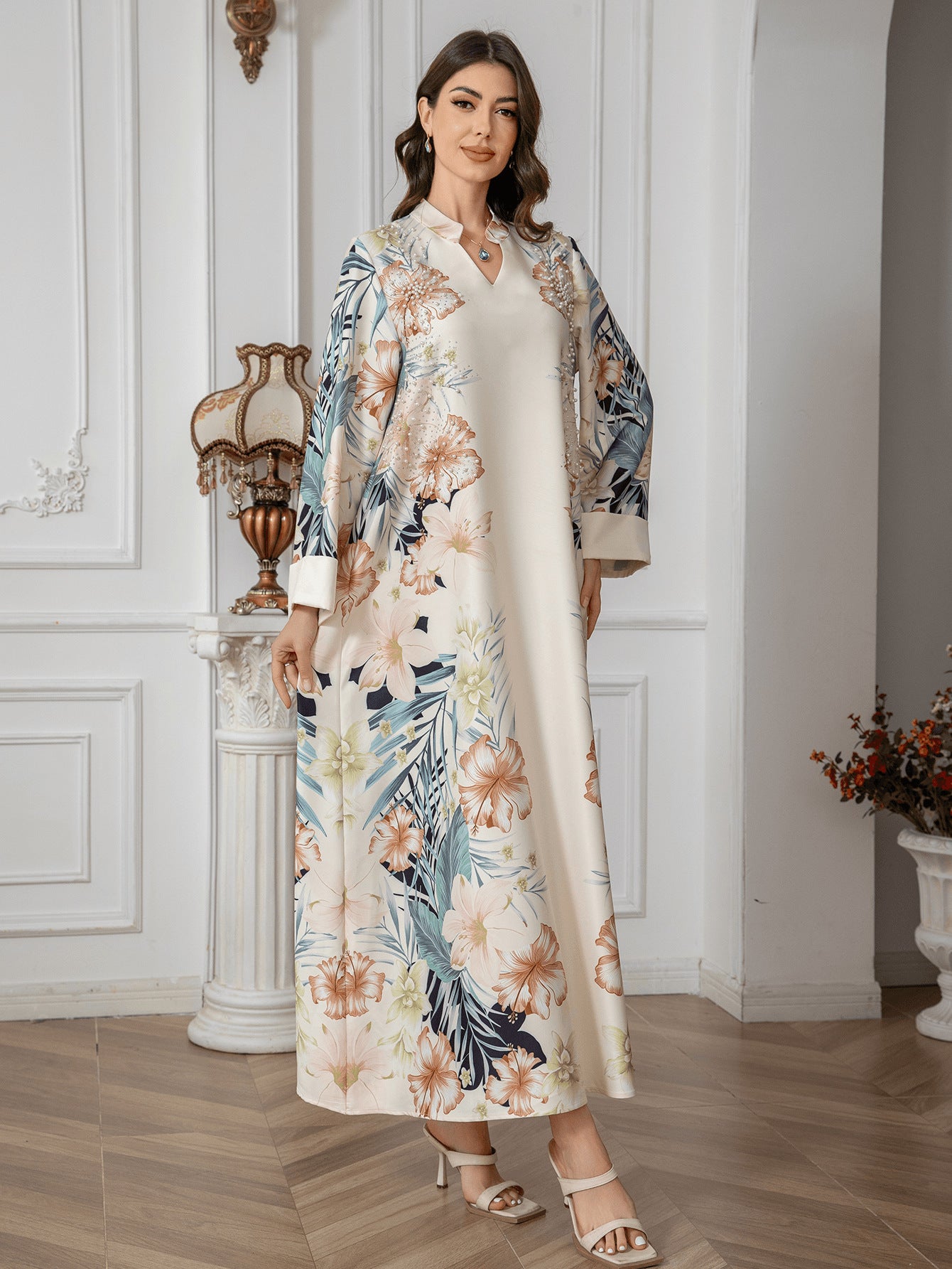 Blue Apricot Purple Printed Abaya - Plus Size European Long Robe