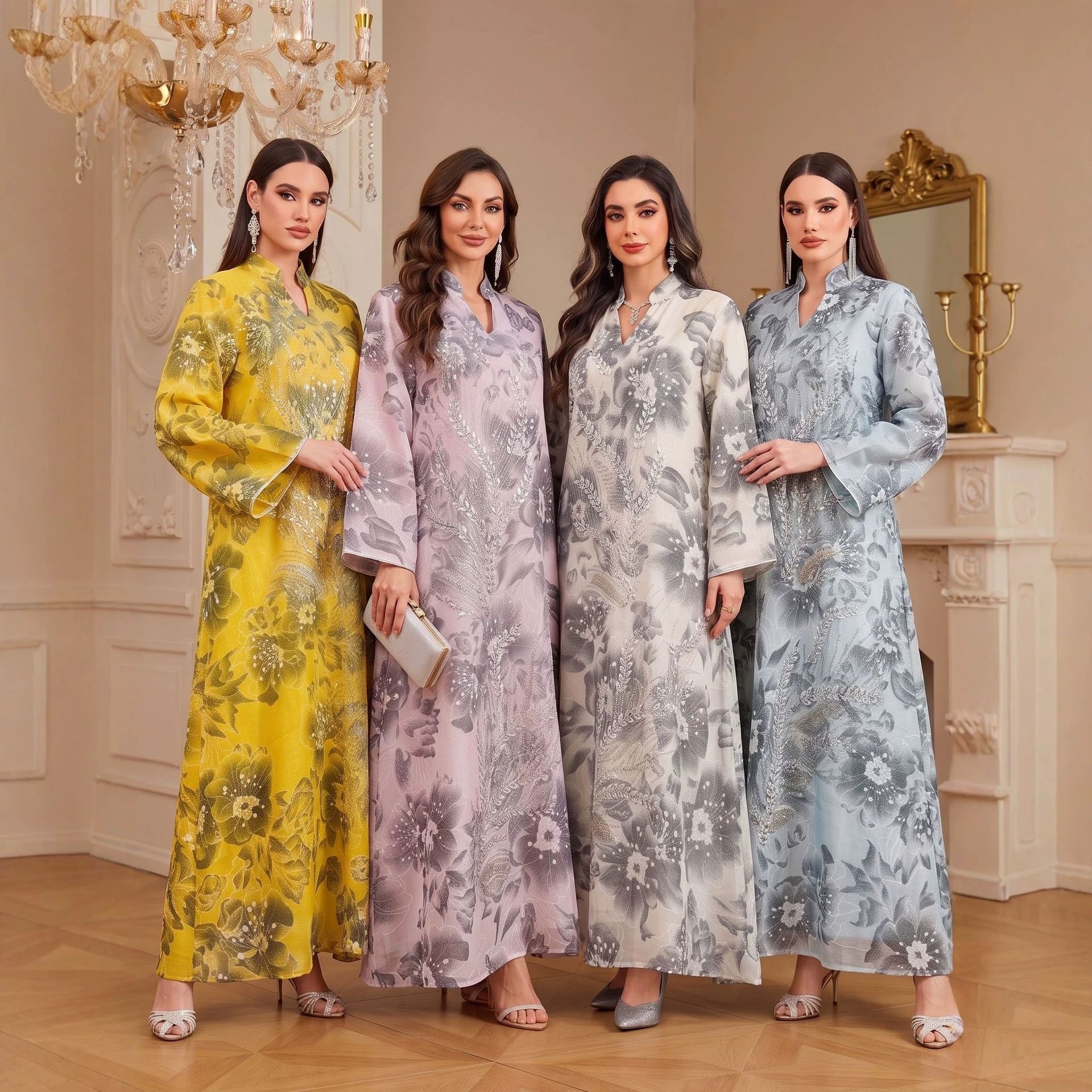 Beaded Sequin Applique Ethnic Pattern Gown Jalabiya Modest Loose Long Maxi Dress for Muslim Women Eid Ramadan M-XXL