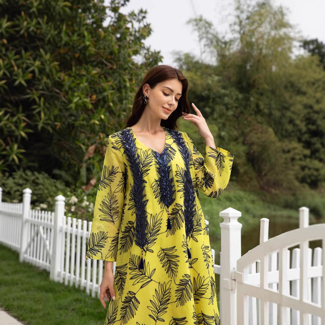 Stunning Yellow Embroidered Kaftan – Muslim Evening Gown