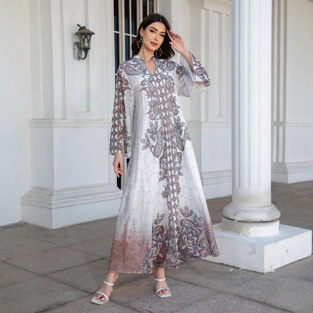 Lotus Pink Embroidered Printed Maxi Abaya - Rhinestone Trim Gown