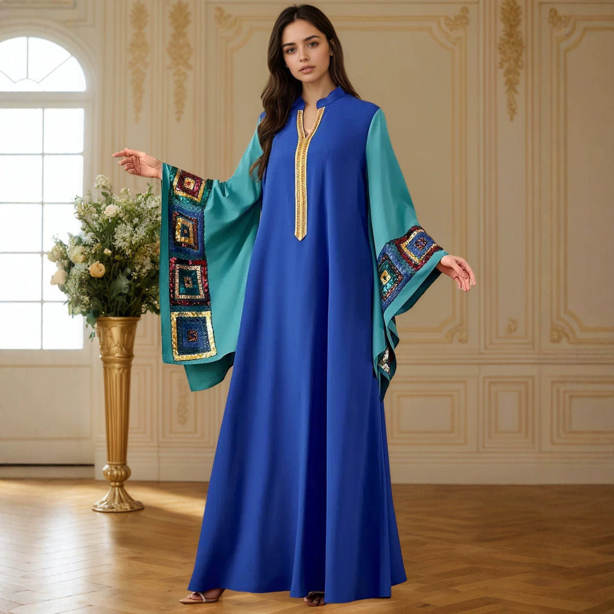 Blue Color Block Sequin Embroidered Stand Collar Gown Long Maxi Dress Modest Muslim Banquet