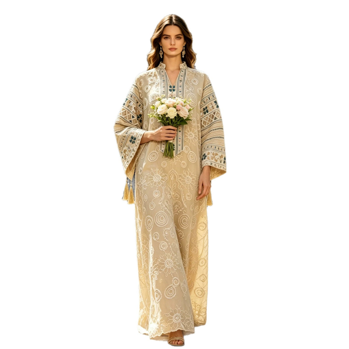Luxury Wide Sleeve Tassel Embroidered Kaftan Abaya Modest Maxi Gown for Muslim Women Festive Evening Party Robe S-XXL - 178