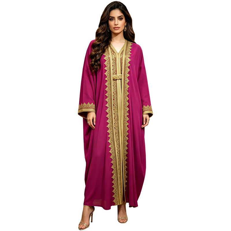 Sky Blue Navy and Rose Red Beaded Open Cardigan Maxi Dress Set with Vest