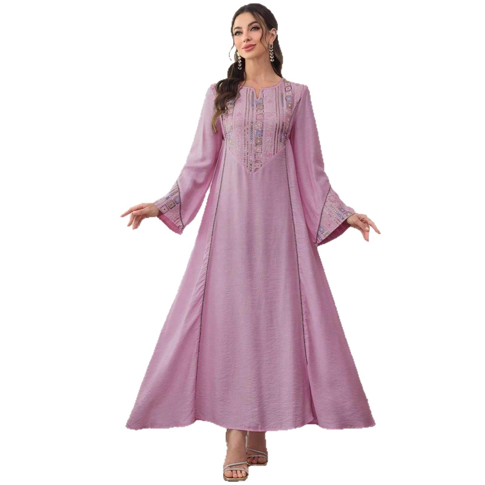 Sequin Embroidered Long Dress with Cover-Up Jalabiya Modest Long Maxi Dress for Muslim Women Ramadan Prayer Casual Wear S-XXL