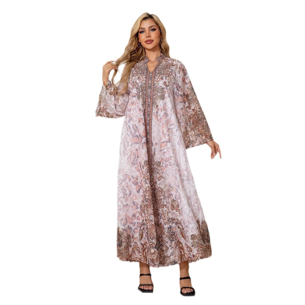 Radiant Pink Beaded Rhinestone Kaftan Abaya Maxi Dress Eid Ramadan
