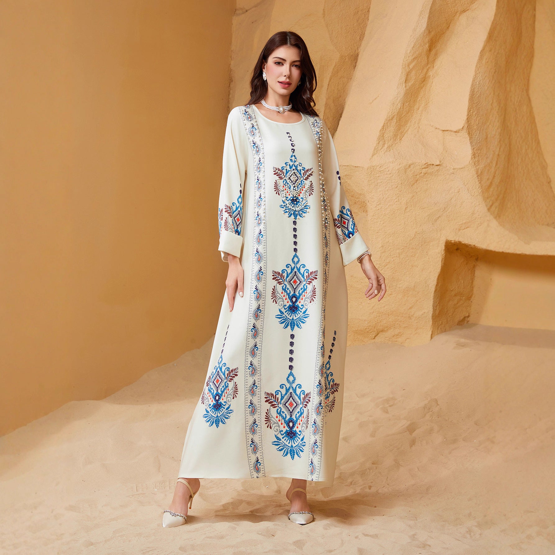 Ivory Printed Abaya Robe - Ethnic Style Modest Long Dress