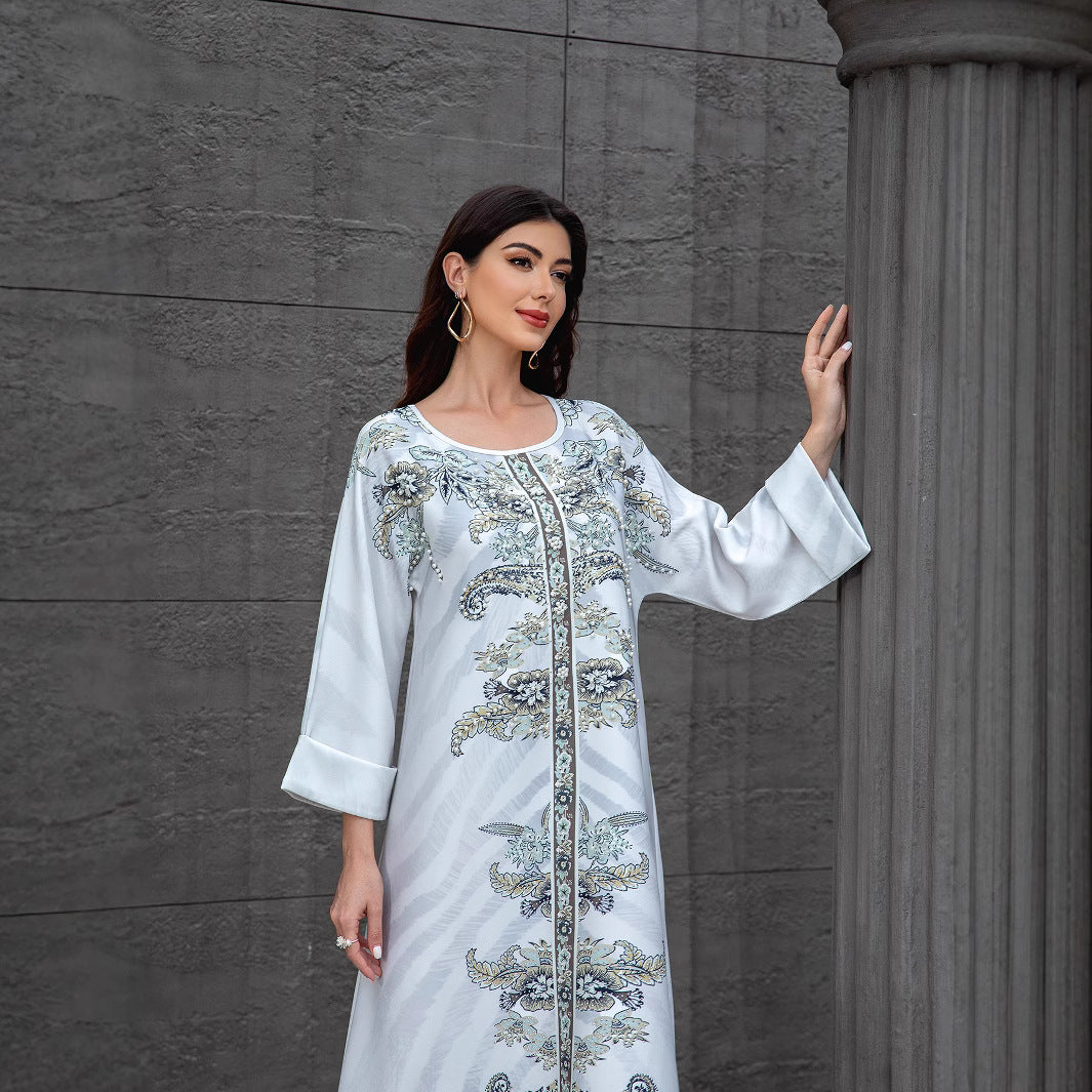 Light Grey Rhinestone Beaded Floral Maxi Abaya Dress