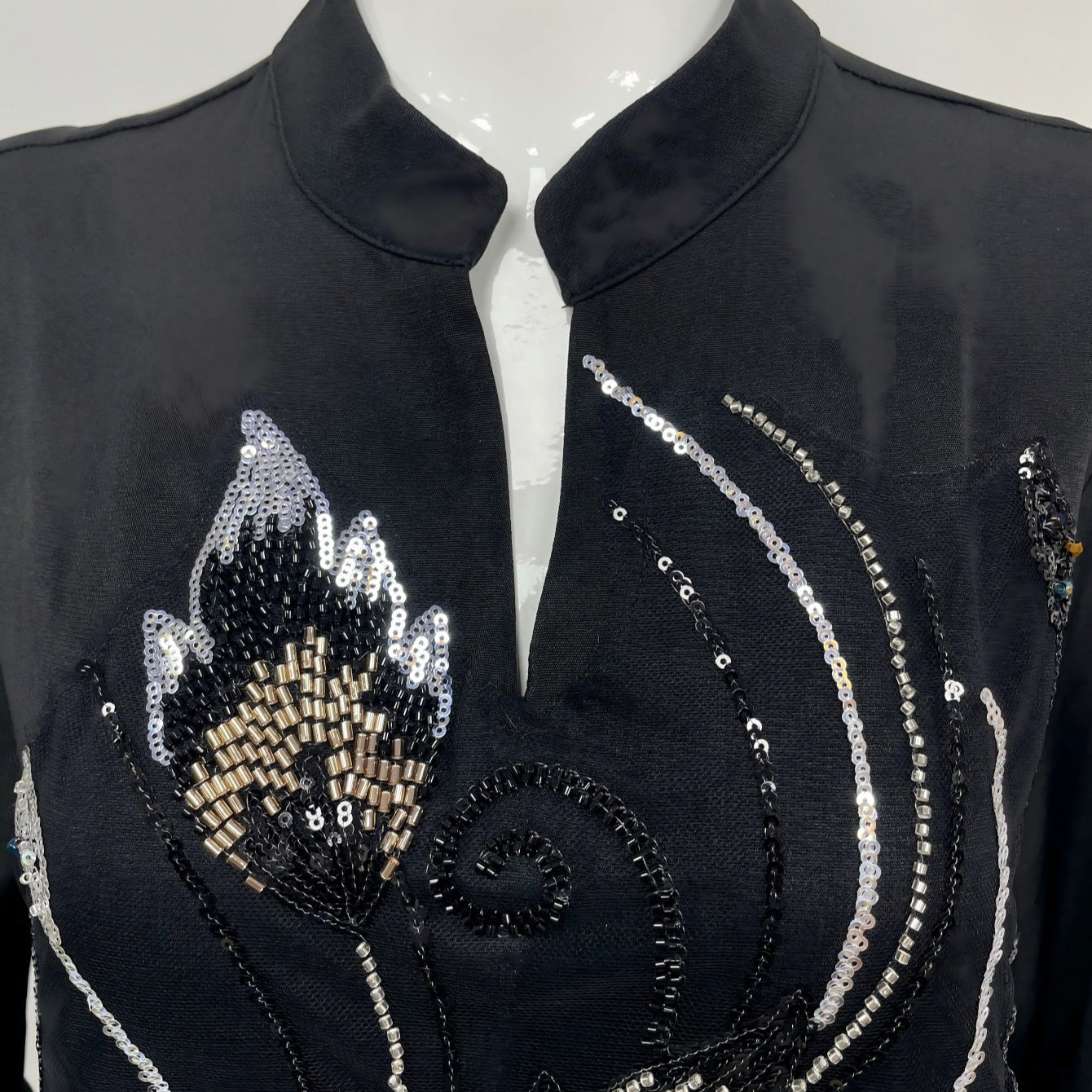 Premium Sequined Floral Embroidered Abaya Women Black Tone Mandarin Collar Contrast Lilac Wide Cuff Floor Length Loose Modest Outfit For Middle East Wedding & Eid Celebration