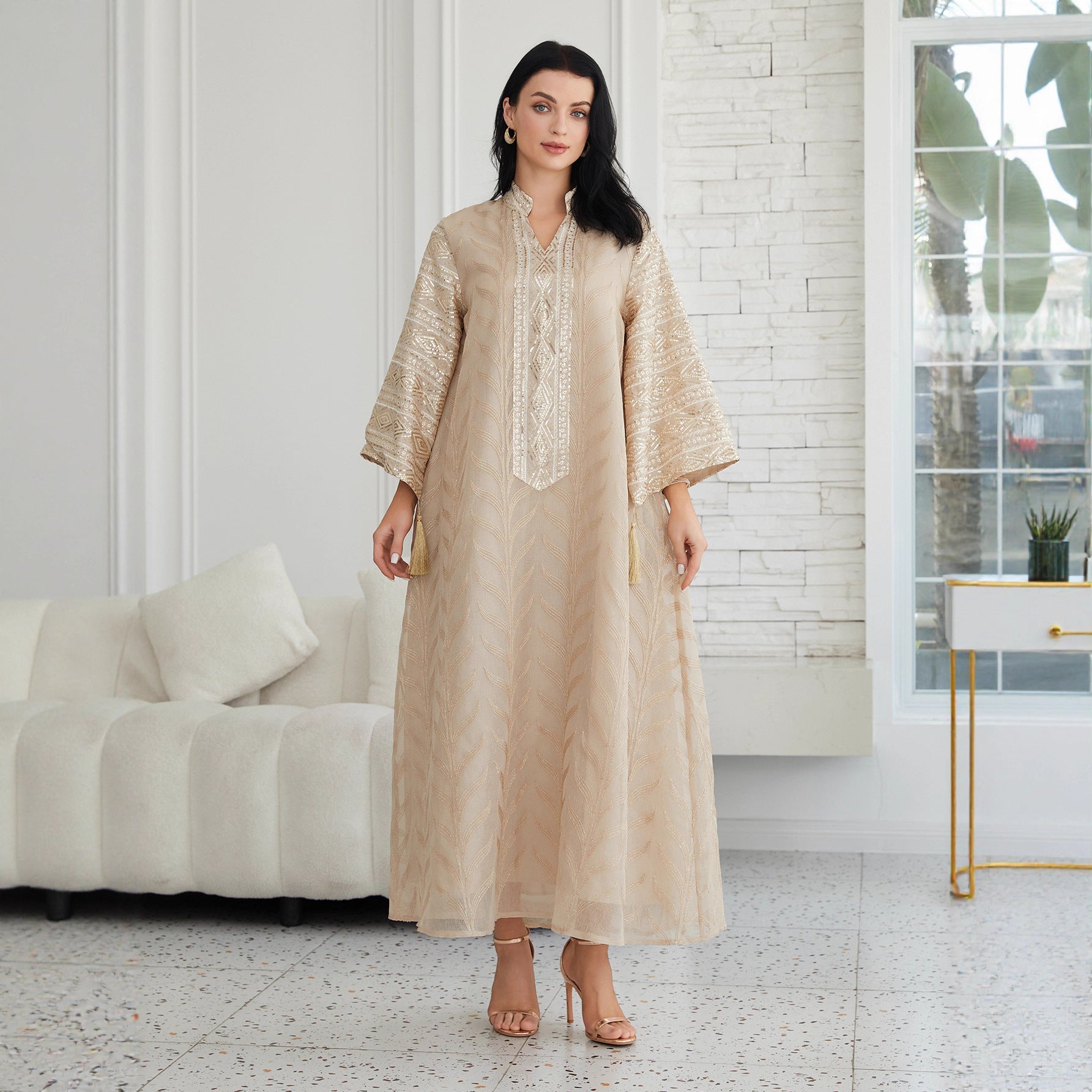 Stunning Apricot Beaded Sequin Evening Abaya Maxi Robe Eid Ramadan
