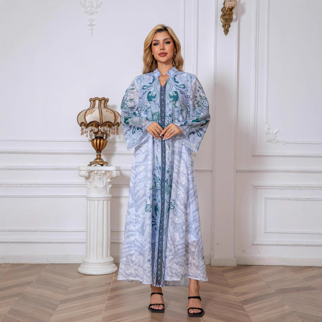 Light Blue Floral Print Rhinestone Embroidered Maxi Abaya Dress