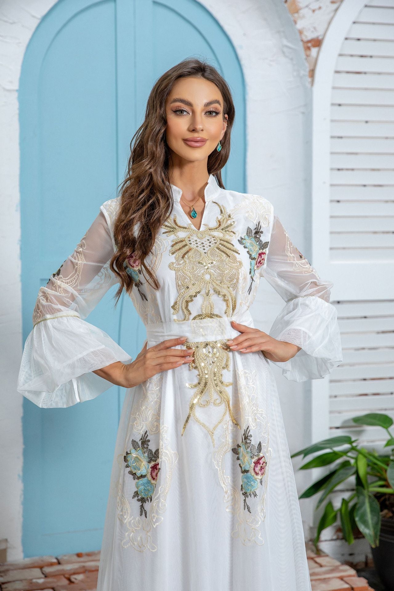 Ramadan Formal Embellished Abaya Champagne Gold Sparkly Rhinestone Stitch Round Neck Wide Flowy Sleeves