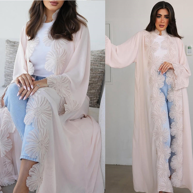 Pink Floral Applique Embellished Open Long Maxi Abaya Dress - Plus Size