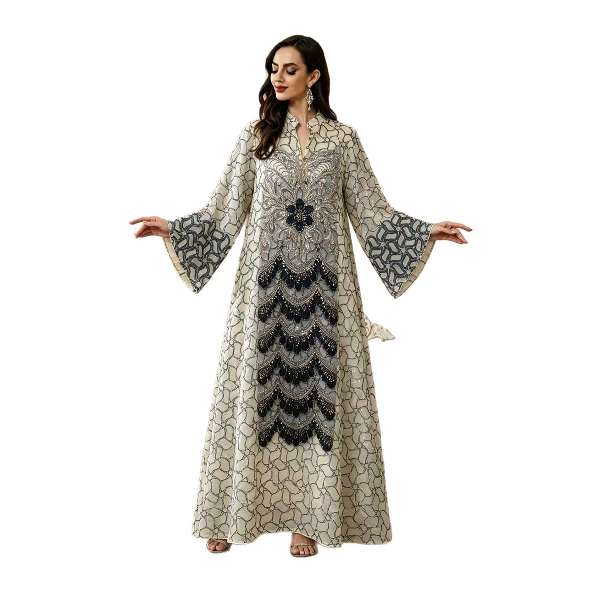 Premium Embroidered Floral Mesh Maxi Abaya Gown for Muslim Women Elegant Arabic Kaftan Robe Eid Ramadan Evening Party Dress