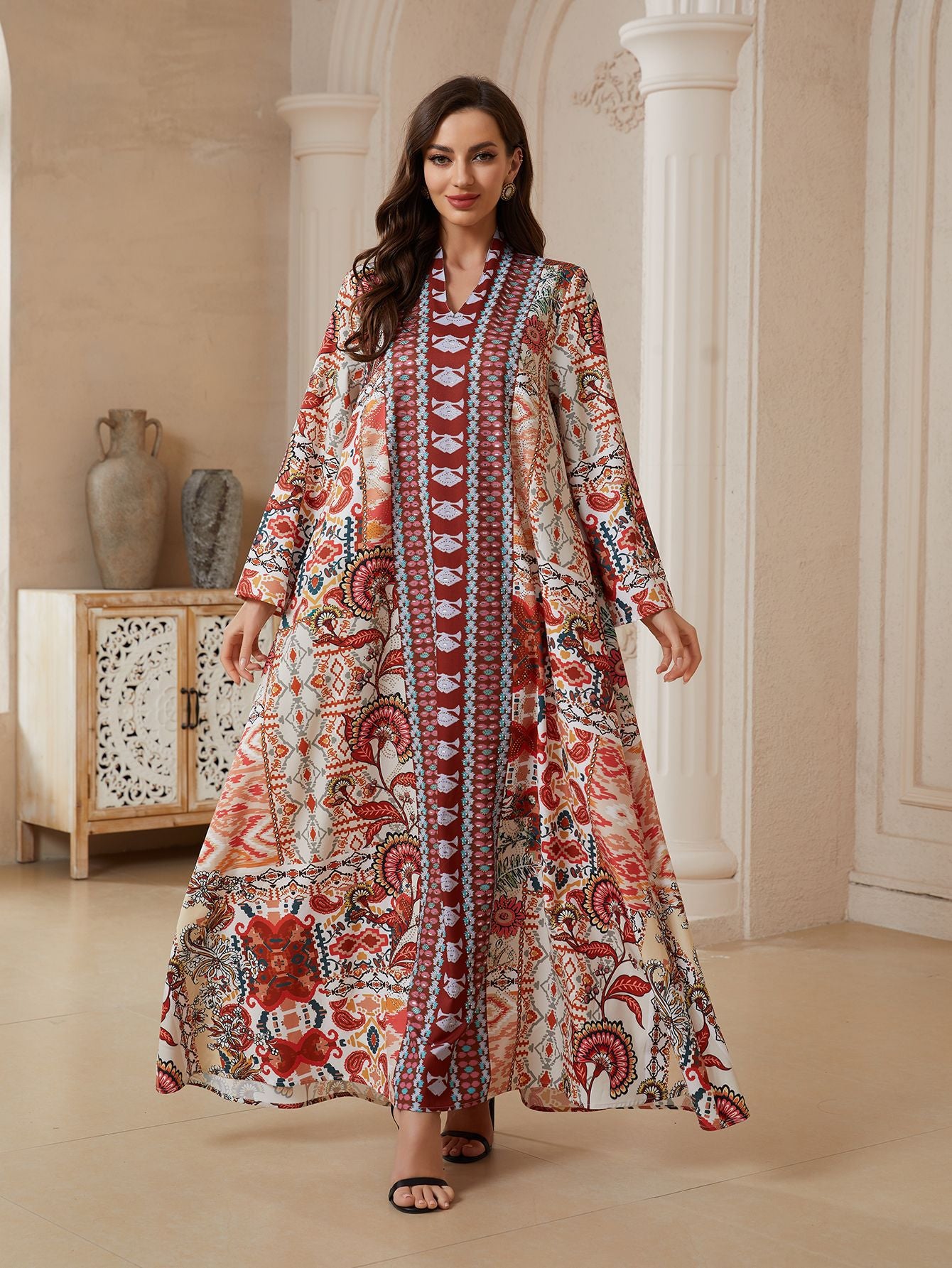 Floral V-Neck Plus Size Maxi Dress - Loose Summer Muslim Gown