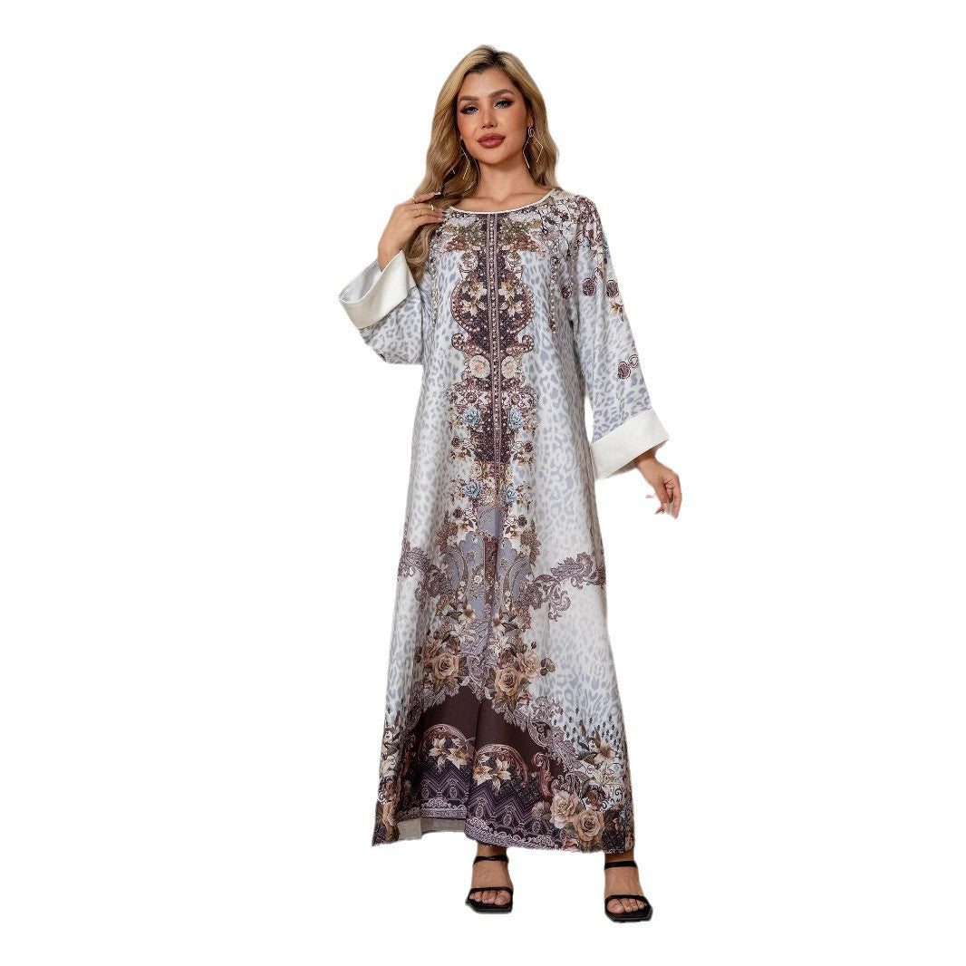 Grey Floral Print Mandarin Collar Rhinestone Plus Size Maxi Abaya Dress