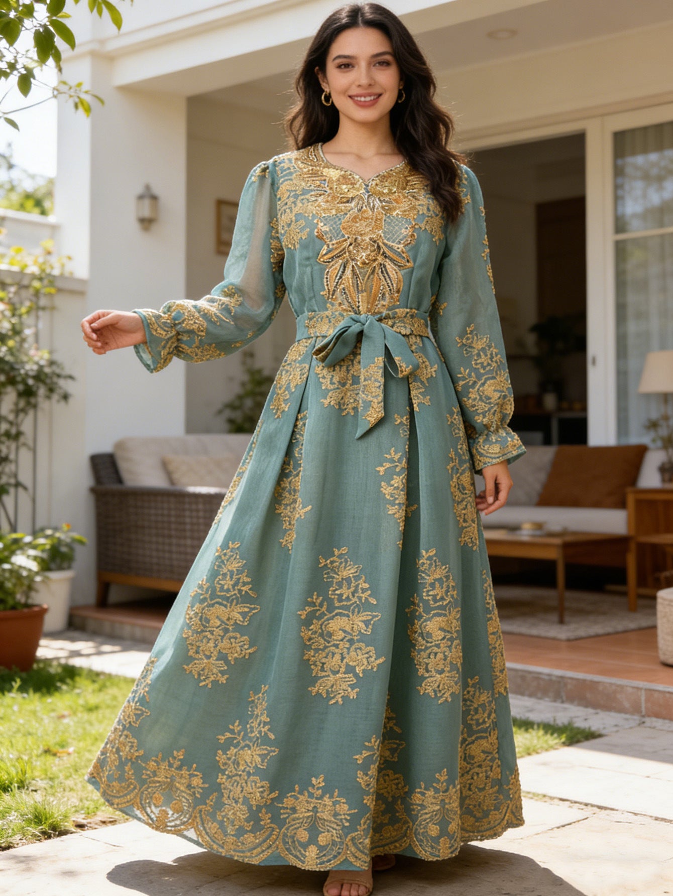 Green and Sky Blue Wedding Embroidered V-Neck Belted Maxi Dress Jalabiya Modest Long Dress for Muslim Women Eid Ramadan Formal Party S-XXL