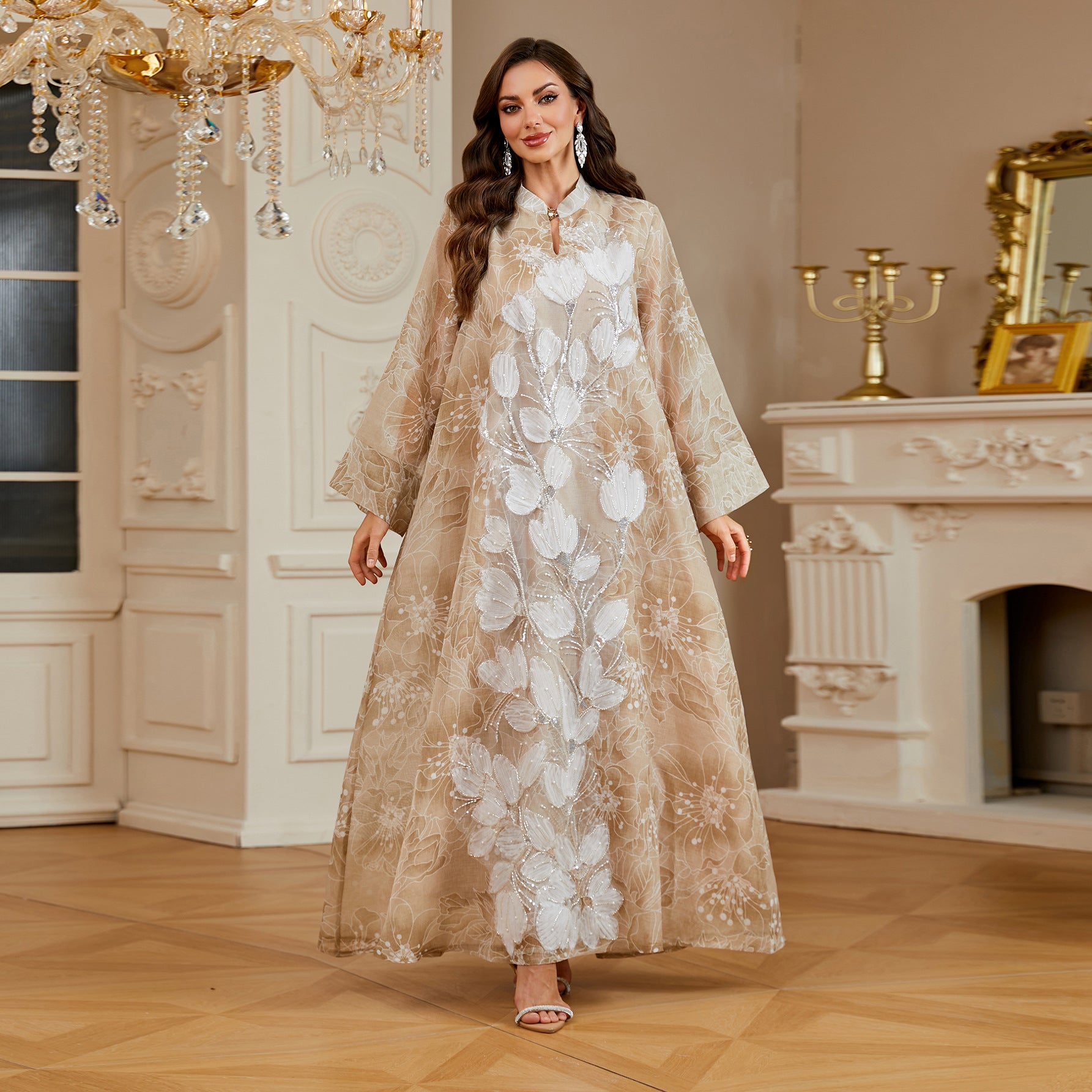 Luxury 3 Colors 3D Flower Embroidery Rhinestone Abaya Stand Neck Wide Flare Sleeve Oversized Maxi Dress For Holiday Special Occasion