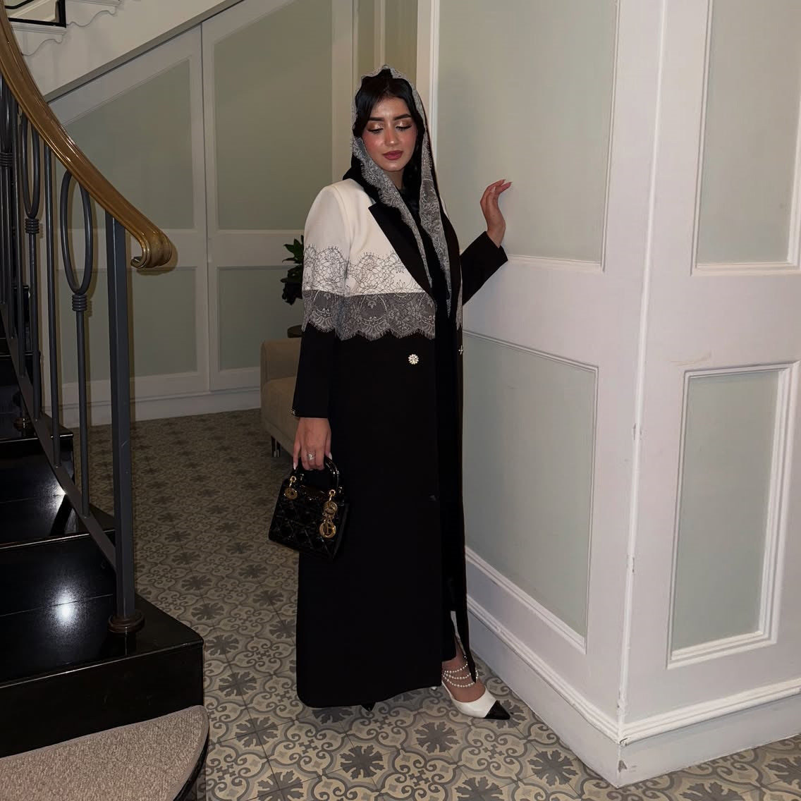 Black Lace Patchwork Long Open Abaya with Hijab Set