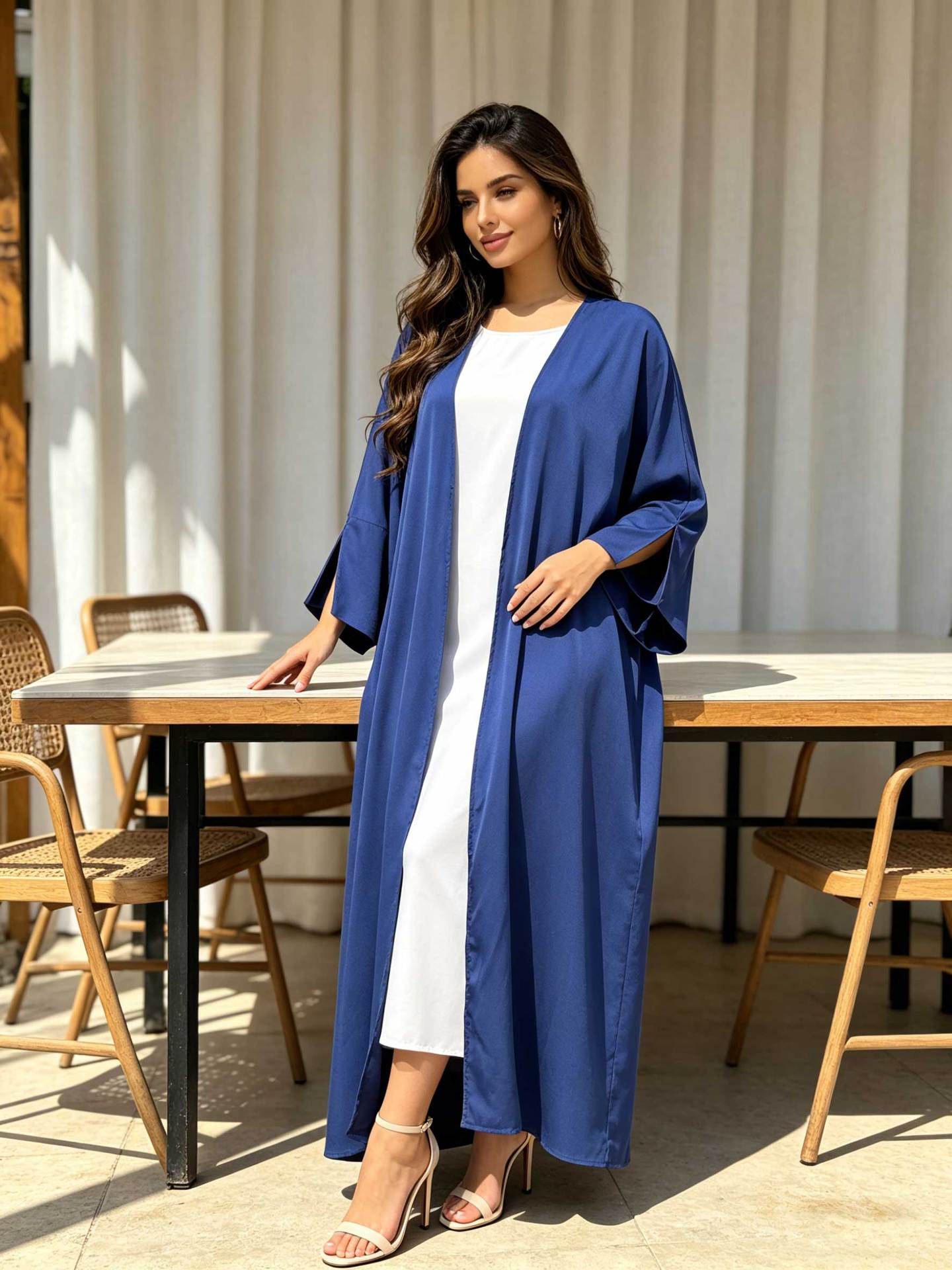 Silky Satin Batwing Sleeve Open Abaya Cardigan Modest Long Maxi Kimono Robe for Muslim Women Eid Ramadan Party One Size