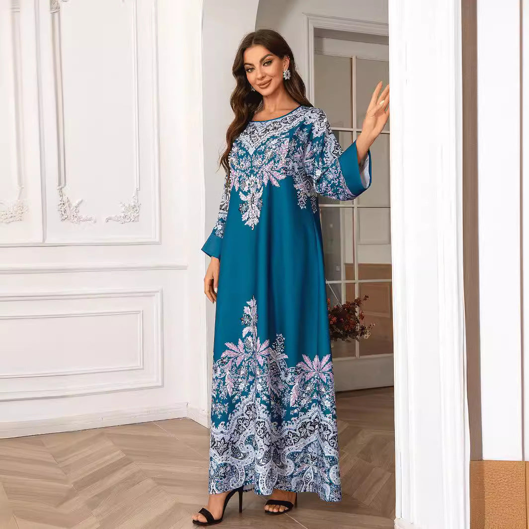 Peacock Blue Rhinestone Pleated Abaya - Elegant Modest Muslim Dress
