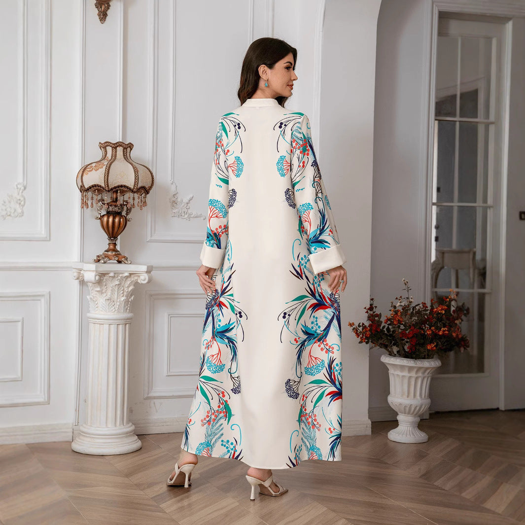Refined Apricot Floral Print Kaftan – Bohemian Muslim Maxi Dress