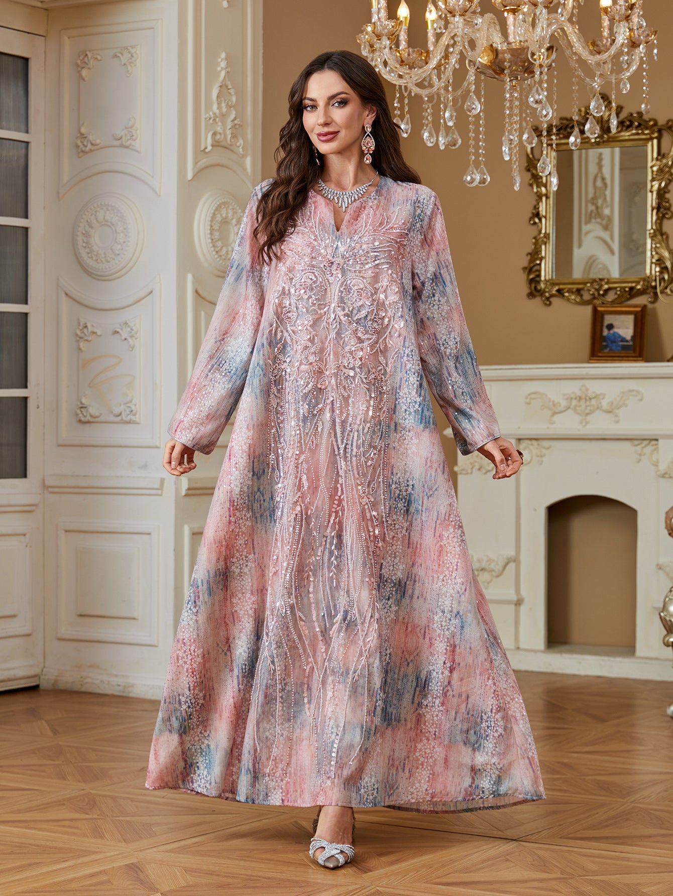 Soft Glossy Modest Long Robe For Ladies Vertical Sequined Craft Oversized Flare Sleeve Muslim Gown Pink Blue Green Tie Dye Pattern Formal Occasion Outfit