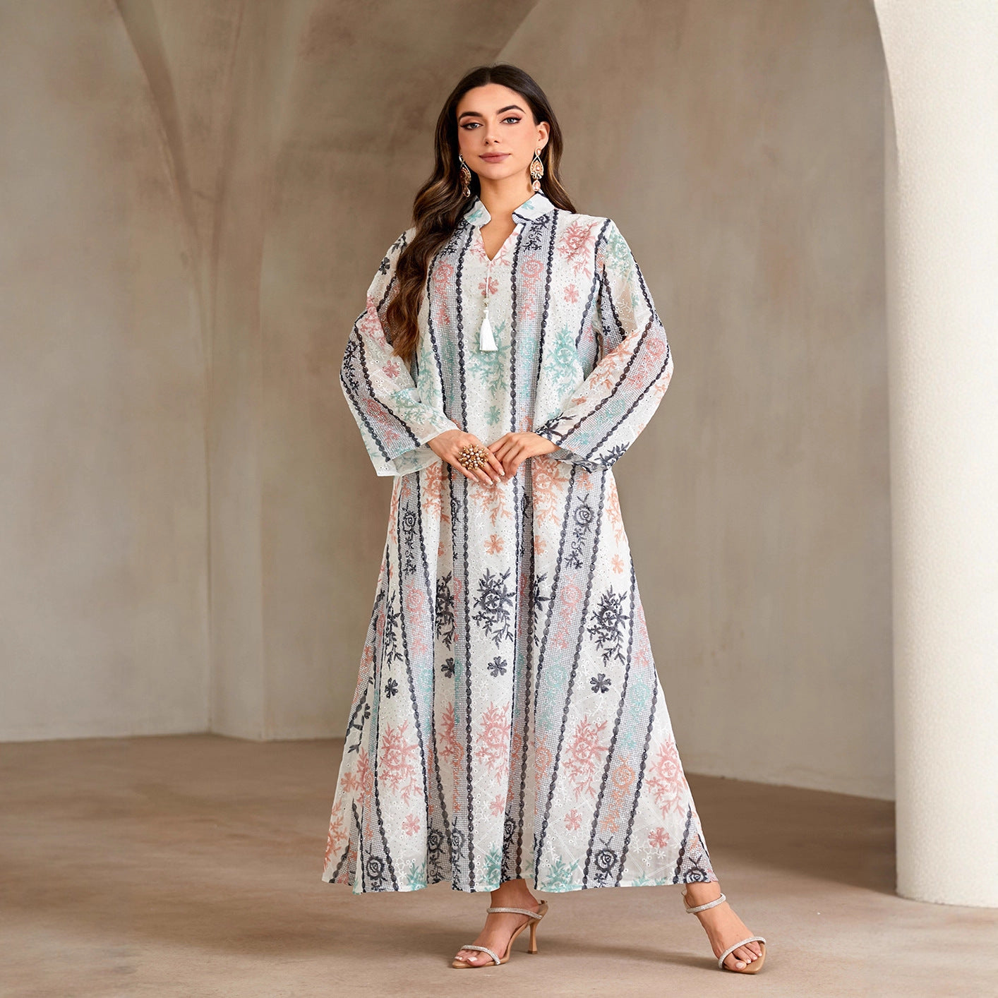 Luxury Floral Print Rhinestone Embellished Gown Jalabiya Modest Long Maxi Dress for Muslim Women Eid Ramadan S-XXL