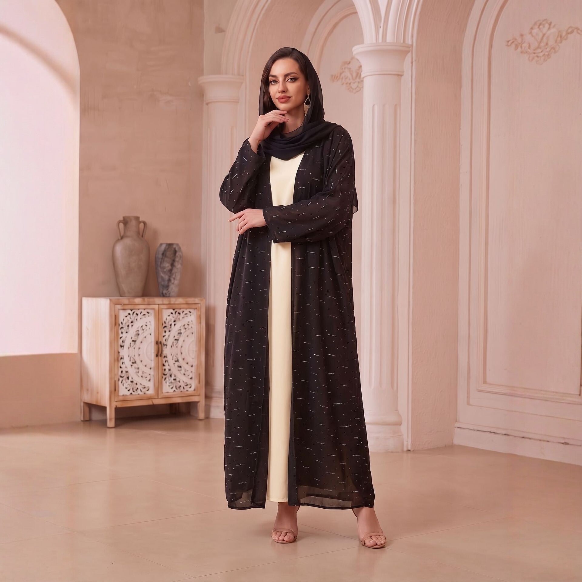 Apricot Black V-Neck Beaded Open Abaya with Hijab Set