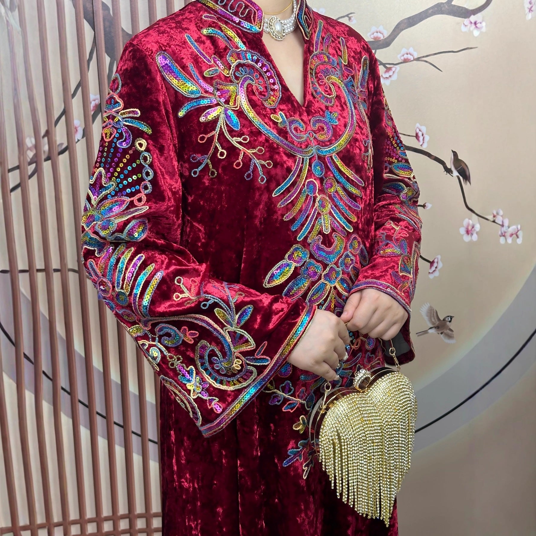 Burgundy Luxury Velvet Premium Oriental Craft Stand Collar V Notch Open Front Modest Maxi Tunic Thick Ice Velvet Plush Textile All Over Iridescent Rainbow Sequin Phoenix Bird Floral Heavy Embroidery Mandarin High Collar Full Front Colorful Shiny Rhin
