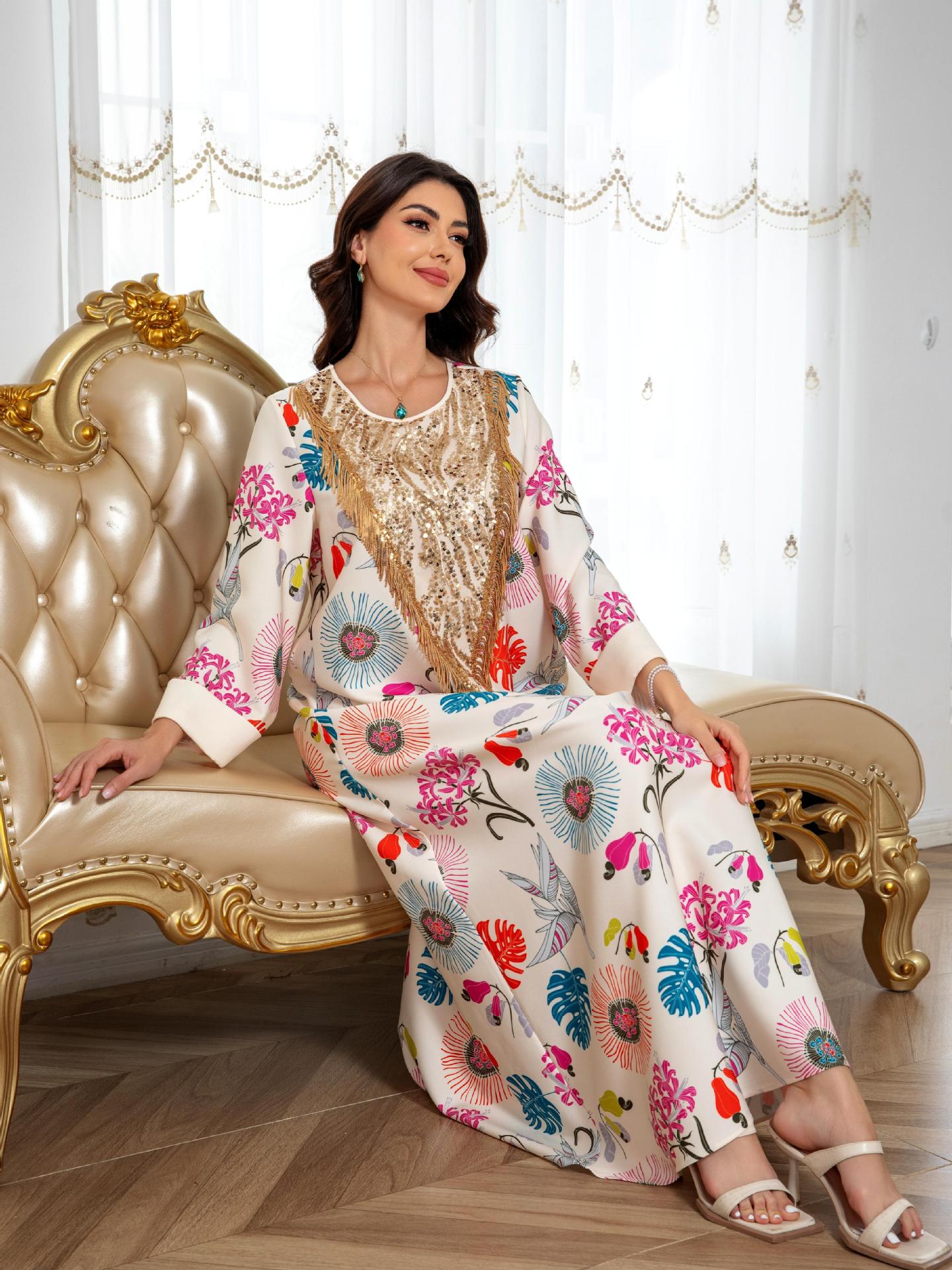 Ivory Floral Print V-Neck Maxi Abaya - Modest Long Dress for Women