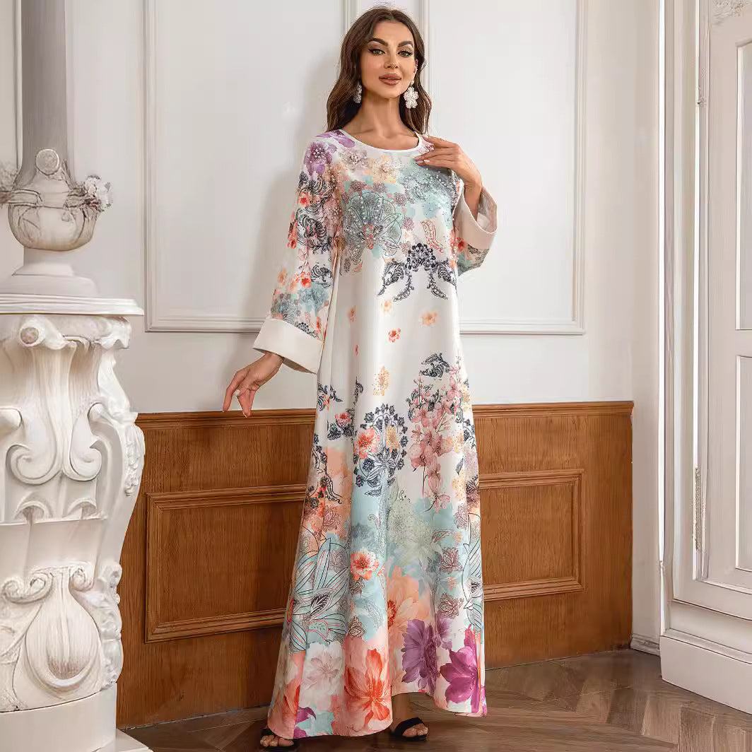 Stylish Floral Rhinestone Kaftan – Plus-Size Modest Muslim Dress