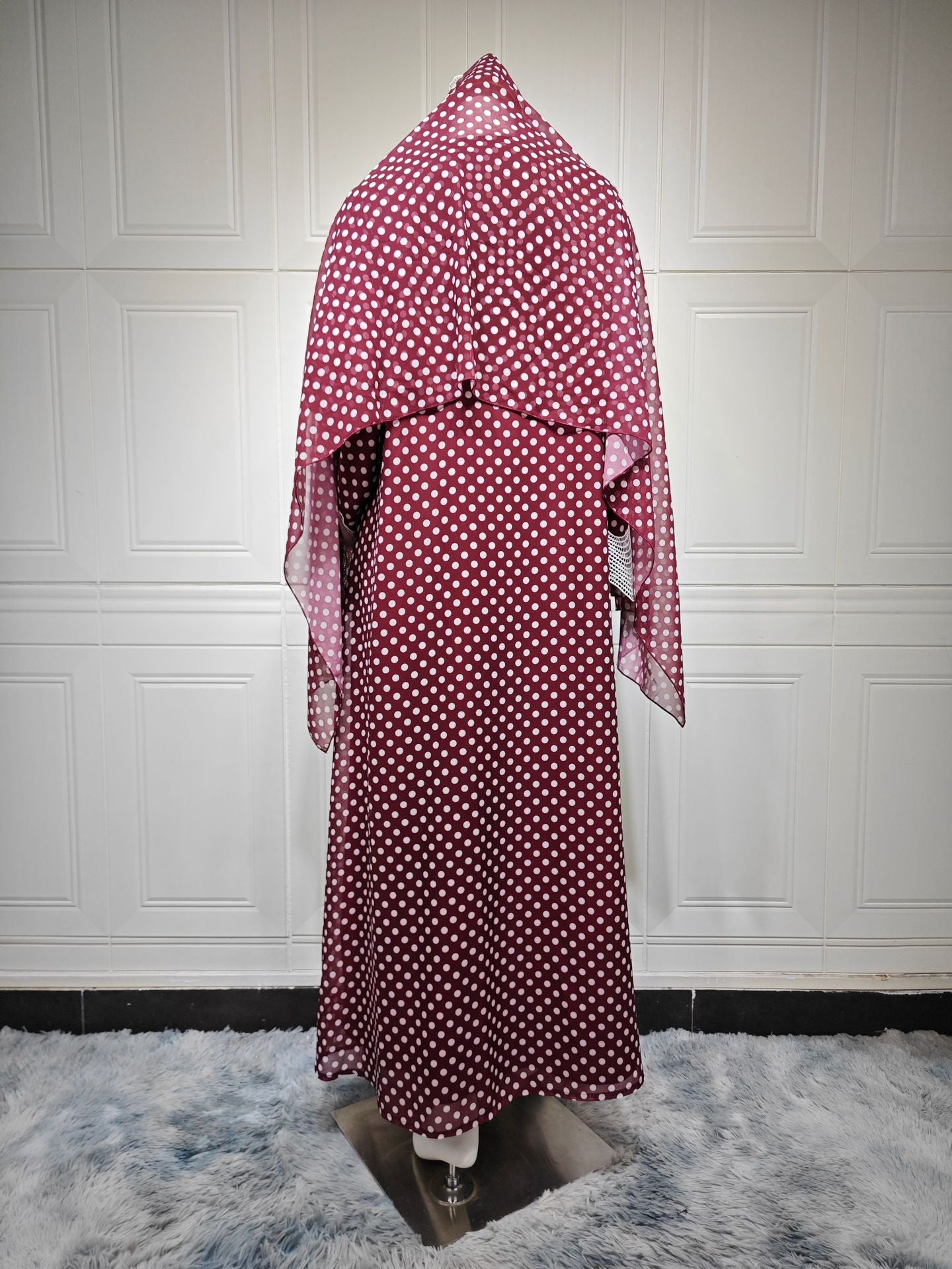 Red Polka Dot Chiffon Floral Print Ruffle Hem Abaya with Hijab Two-Piece Set