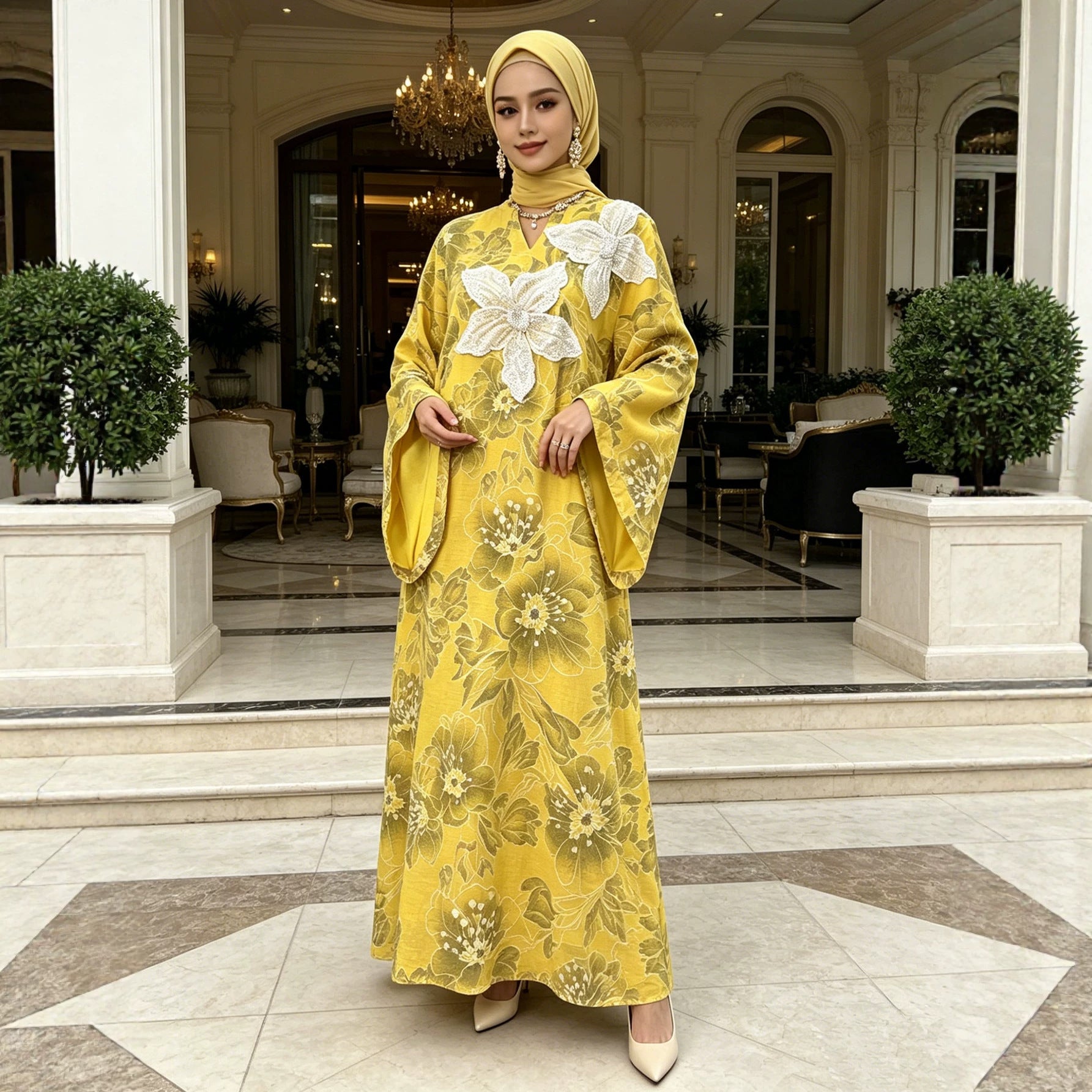 Yellow Pink Heavy Rhinestone Floral Embroidered Gown Batwing Sleeve Jalabiya Modest Long Maxi Dress for Muslim Women Eid Ramadan