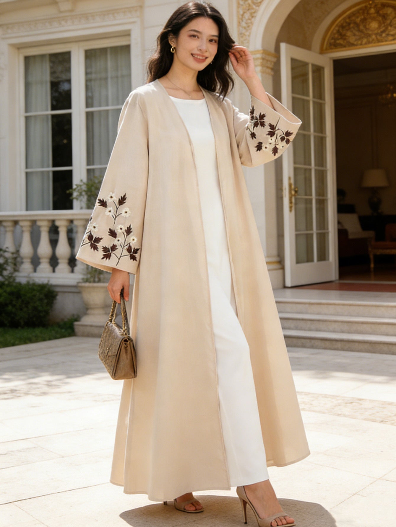 Beige Maple Leaf Embroidered Linen Cardigan Open Front One Size Abaya Modest Long Maxi Dress for Muslim Women Eid Ramadan