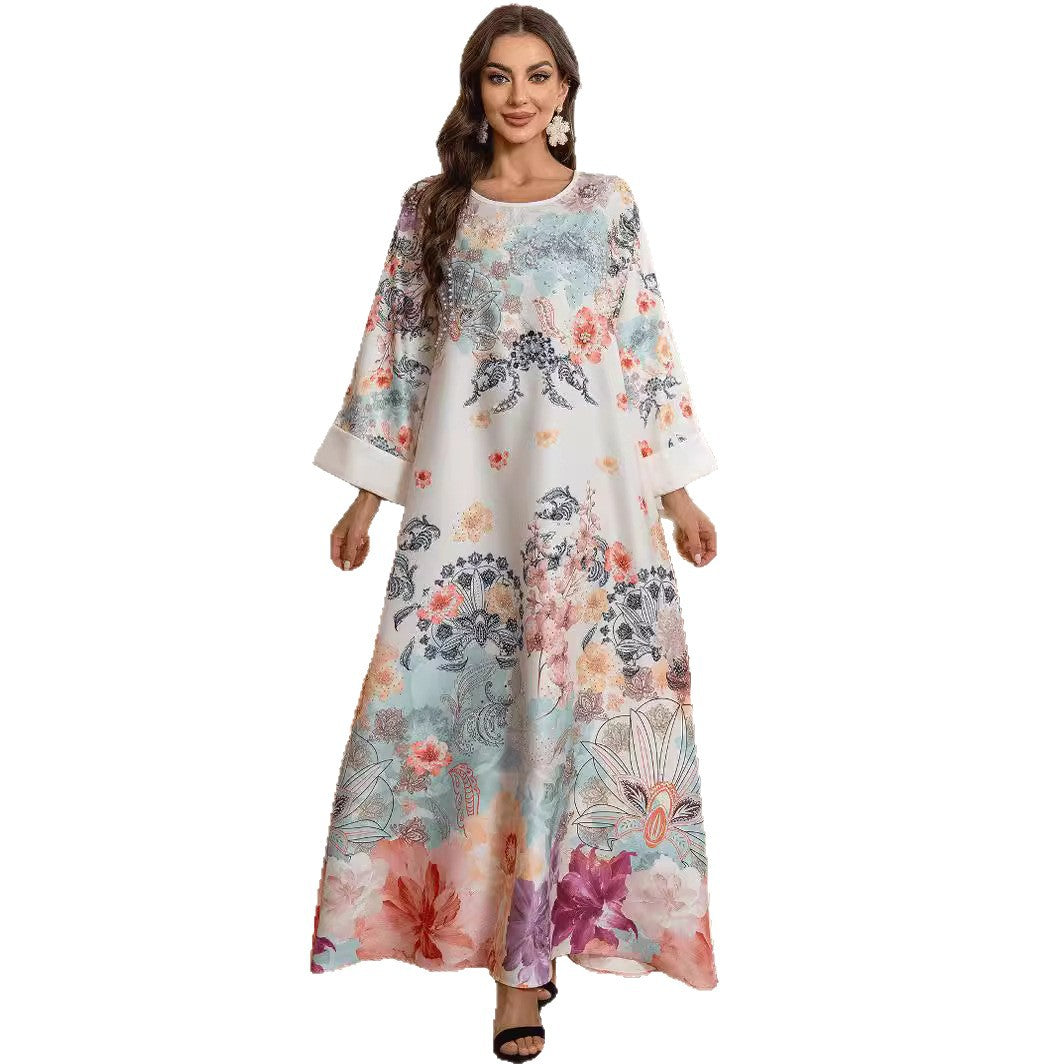 Stylish Floral Rhinestone Kaftan – Plus-Size Modest Muslim Dress