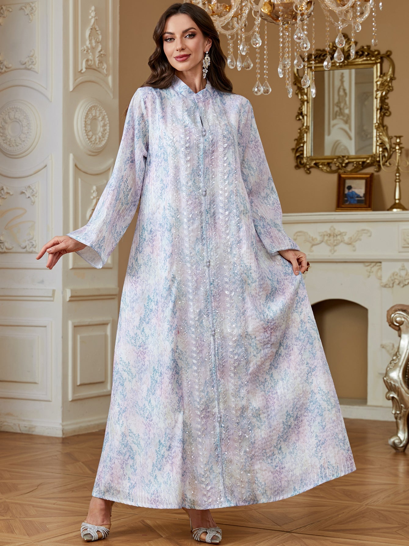 Women Stand Collar Zip Front Abaya Watercolor Gradient Print Sequined Long Kaftan Dress 2 Colors Light Shimmer Fabric For Ramadan Banquet Wedding