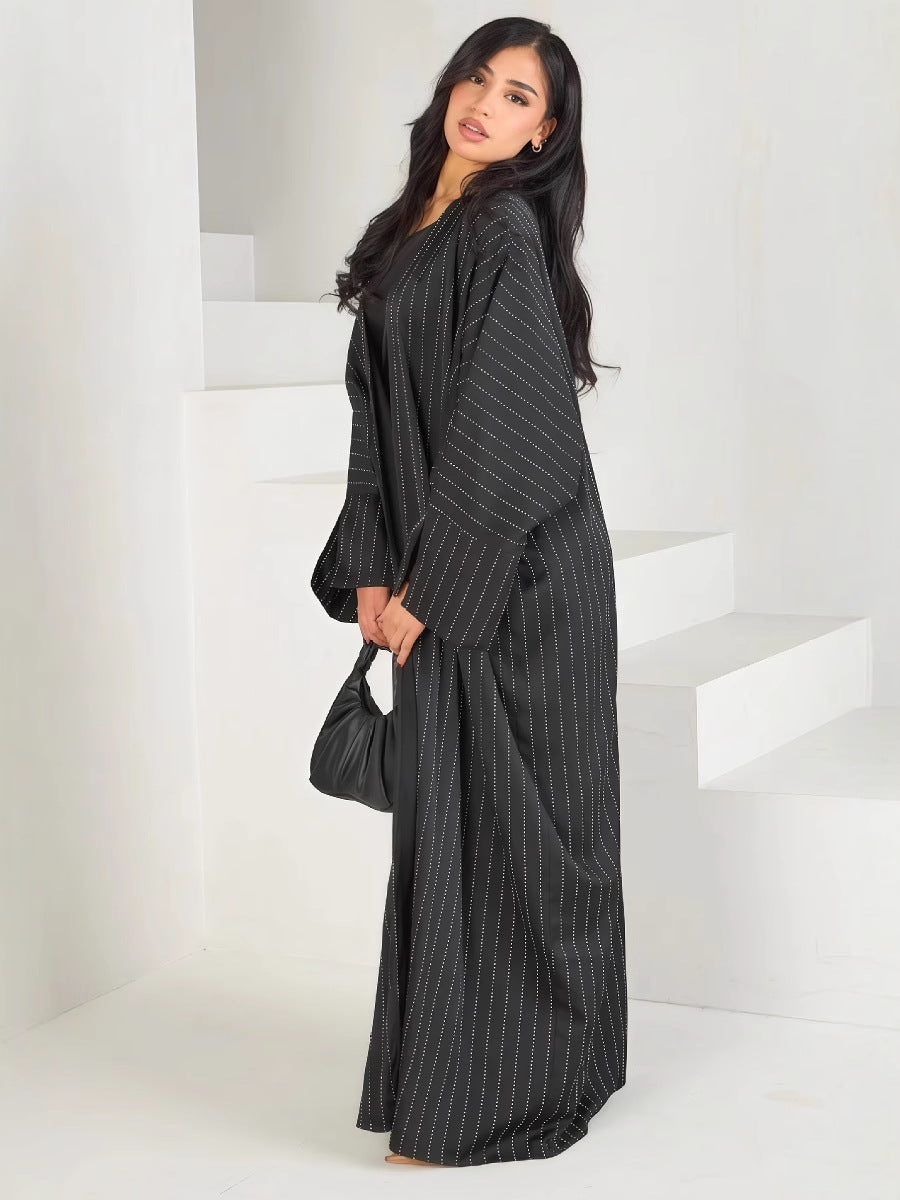 Luxury Rhinestone Striped Loose Open Front Abaya Cardigan Modest Long Maxi Cape Gown for Women Festive Banquet One Size