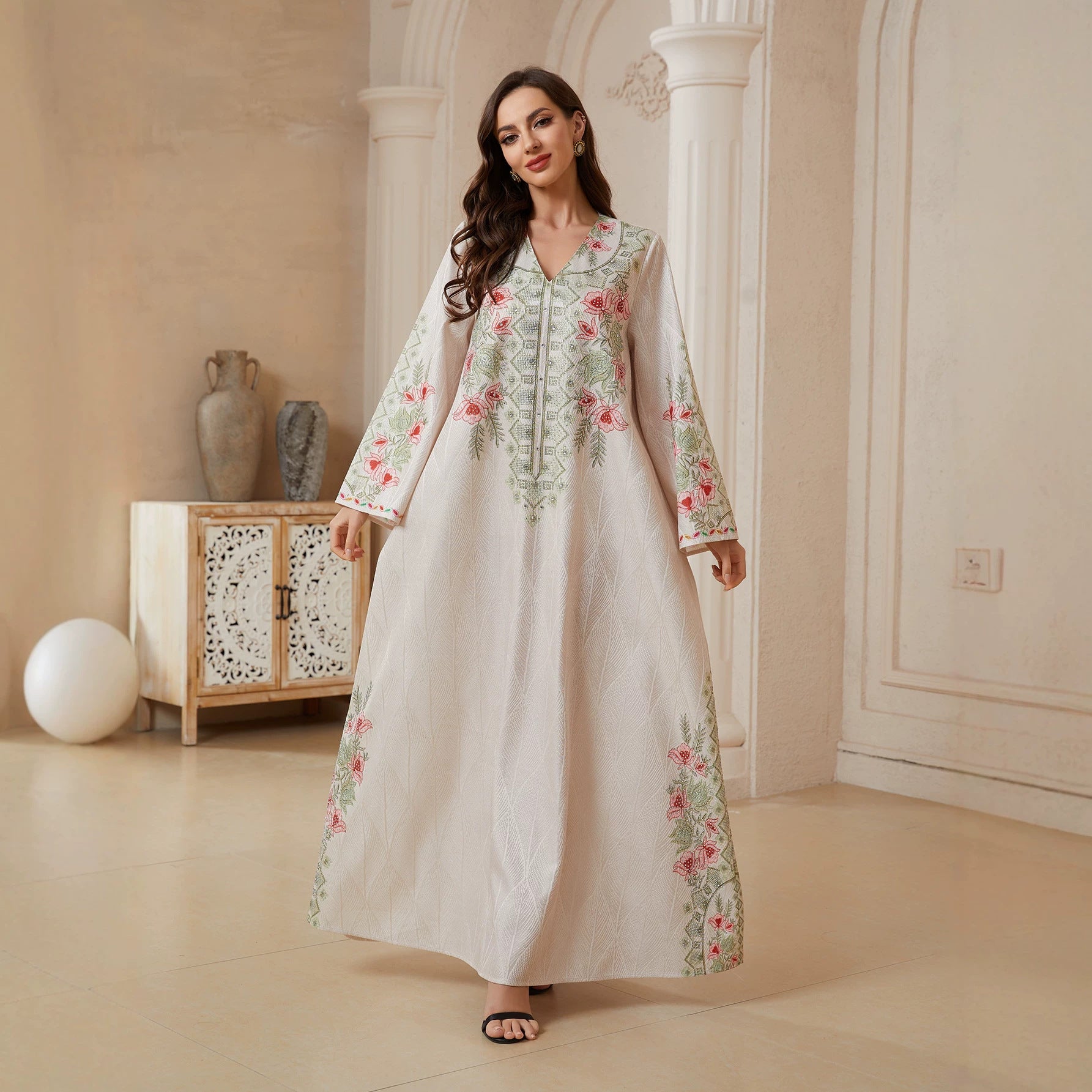 Summer Breathable Nida Fabric Off White Jalabiya Full Body Multicolor Leaf Floral Embroidery Front Zip Split Neck Flowy Wide Sleeve Plus Size Modern Modest Gulf Women Couture Kaftan For Wedding Ramadan Daily Outing
