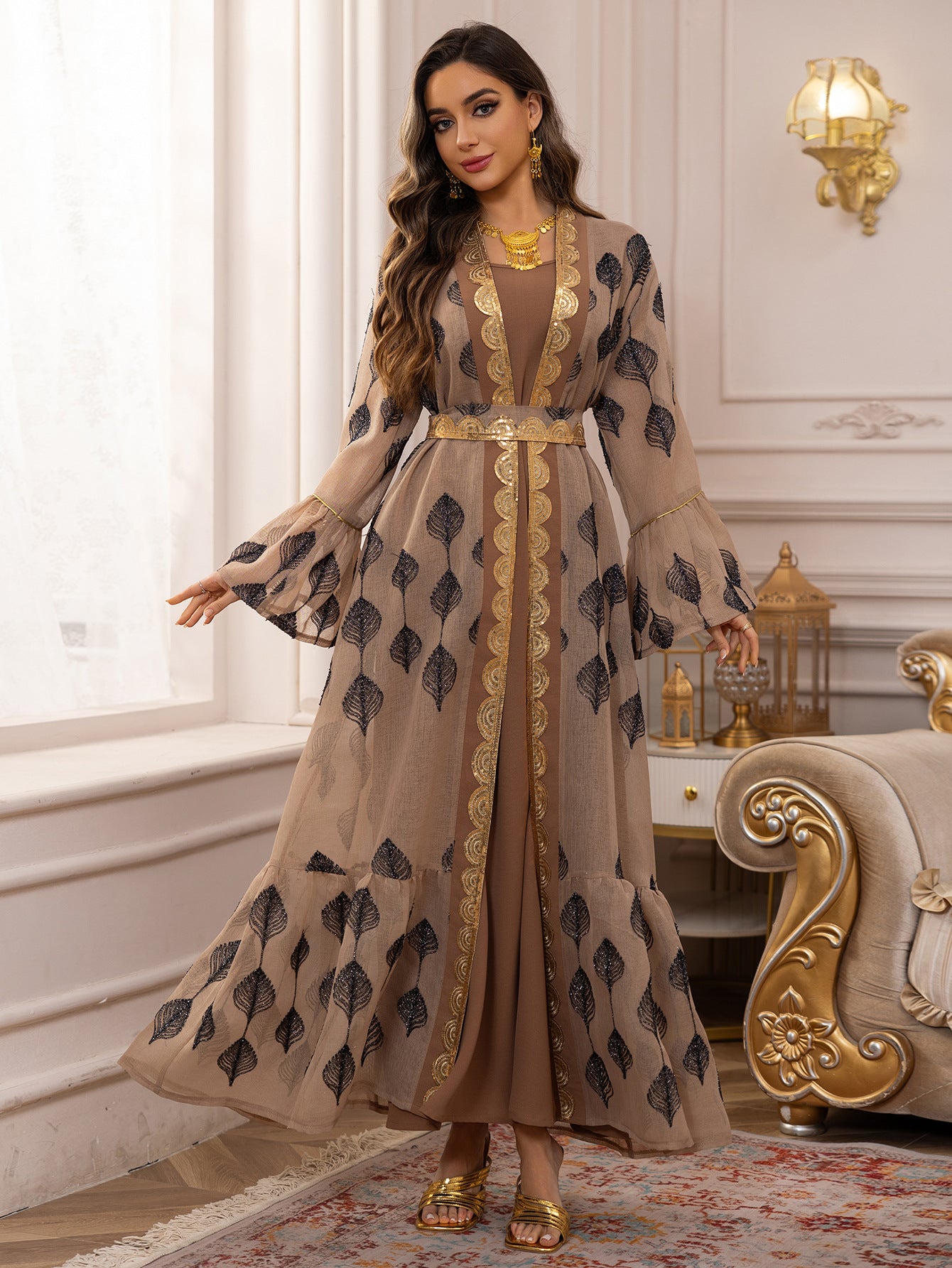 Khaki Embroidered Mesh Floral Pullover Maxi Dress Set with Vest