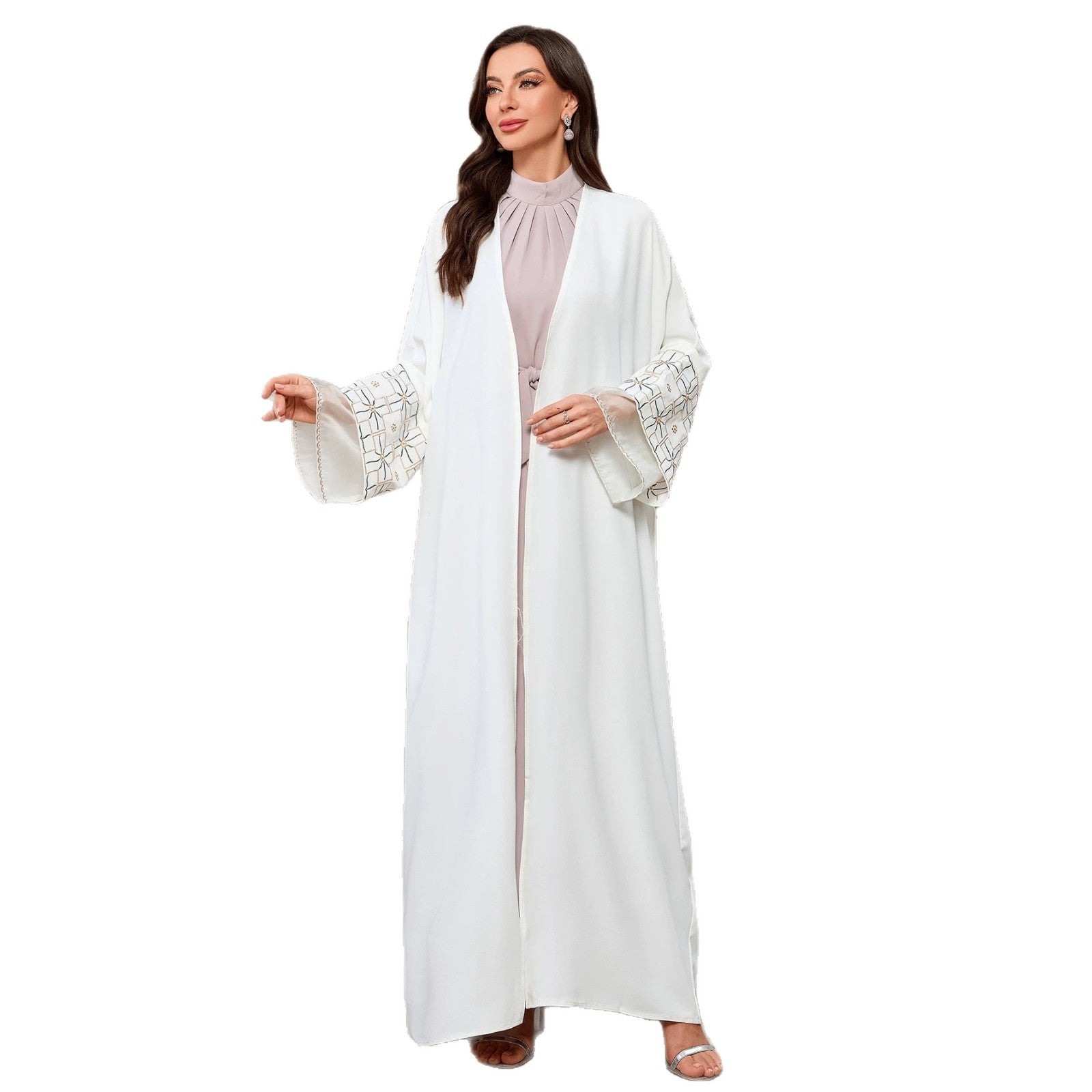 Open Front Cuff Embroidered Abaya Cardigan Jalabiya Long Maxi Dress for Eid Ramadan Evening Party Gown S-XXL