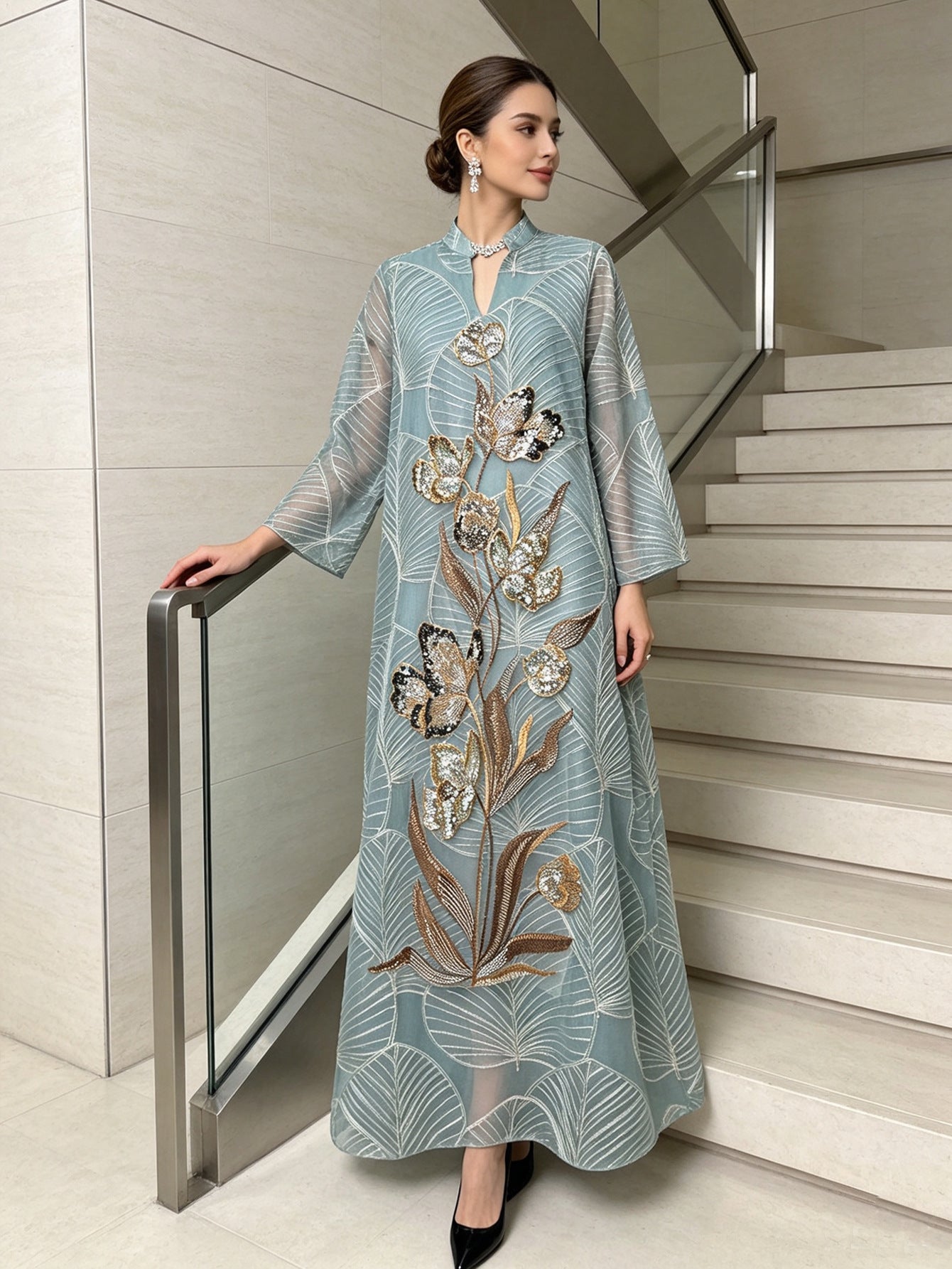 Apricot Emerald Green and Wine Red Leaf Pattern Embroidered Maxi Abaya